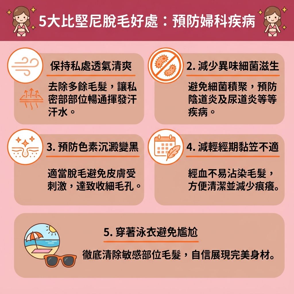 這是一張台灣健康部落格風格的 1:1 正方形資訊圖表,深入探討比堅尼脫毛推薦與私密處脫毛保養。在適合脫毛季節,許多人考慮處理比堅尼位與私密處的毛髮。若使用傳統的剃刀、蜜蠟或化學脫毛膏,常會經歷蜜蠟脫毛痛楚,並引發嚴重的拔毛後遺症,例如傷害皮膚與角質,導致毛囊發炎(需要解決毛囊發炎)、出現紅腫與炎症,甚至促使黑色素積聚。
為避免皮膚灼傷並達到減少色素沉澱,必須了解激光脫毛原理。專業醫生建議選擇無痛激光脫毛,其特定的波長與穩定的能量能穿透至毛囊底層。相較於自己研究家用脫毛機比較與光學脫毛機用法,專業的光學脫毛機(具備冰感技術)或專業激光療程更能提供安全保障,幫助舒緩脫毛紅腫。
圖表教導大家在決定比堅尼位形狀後,只要完成足夠的脫毛療程次數,便能達到夢寐以求的永久脫毛效果。這不僅能處理面毛,更能有效改善毛髮倒生。配合正確的脫毛前後護理與溫和去角質,能保護嬌嫩肌膚,成功收細粗大毛孔,讓毛孔隱形,全面提升私密處健康。