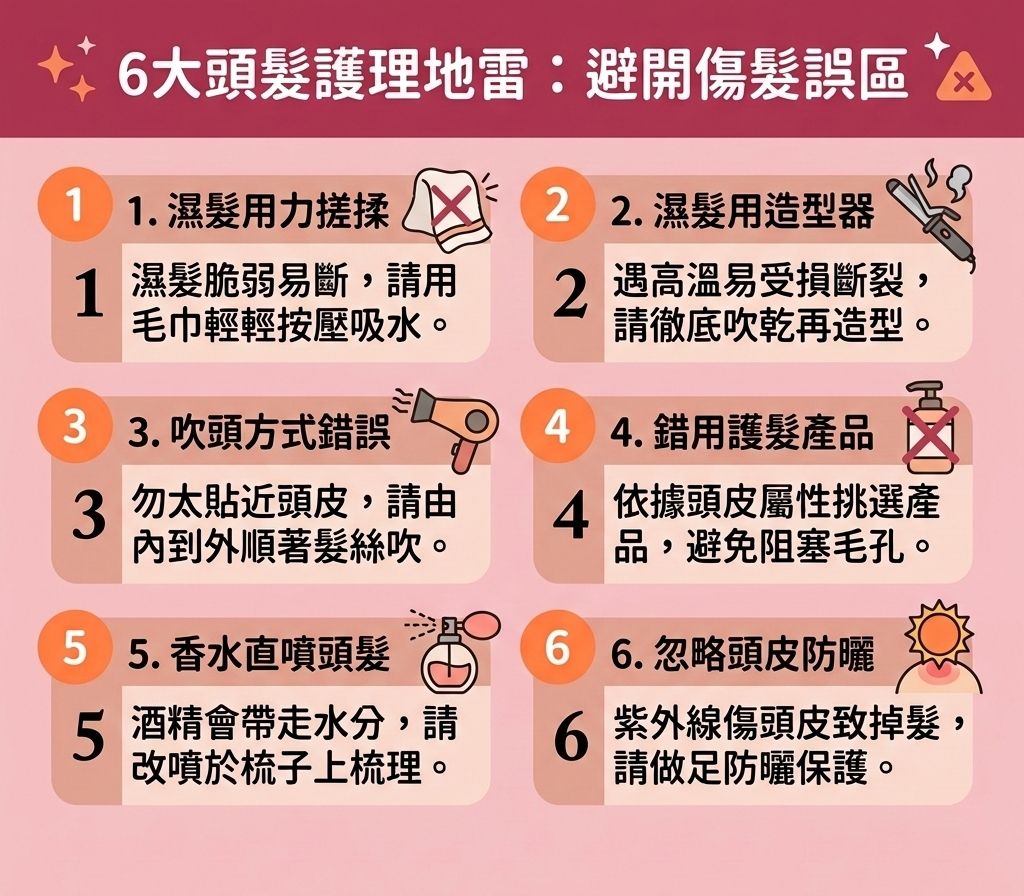 這是一張 1:1 正方形的扁平化向量資訊圖表插畫,呈現台灣健康部落格風格,介紹六個關鍵的【頭髮護理步驟】與【日常頭皮護理】。為【預防脫髮方法】及【改善頭髮稀疏】,首先要用優質【洗頭水】【溫和清潔頭皮】與【深層清潔頭皮】,去除老廢【角質層】與過多【頭皮油脂分泌】,保護【皮脂腺】並【解決毛孔堵塞】。配合【舒緩頭皮敏感】的按摩,能改善【血液循環】、【改善頭皮環境】,幫助【激活休眠毛囊】,【延長生長週期】並【促進頭髮生長】。
洗髮後使用富含【蛋白質】、【角蛋白】與【胺基酸】的【護髮素】與【髮膜】,能【補充頭髮營養】,【修復受損髮絲】並【強健脆弱髮根】。圖表也解釋了當【荷爾蒙】轉化為【雙氫睪酮】引發【雄性禿】與嚴重【脫髮】時,這會嚴重影響【頭皮】與【毛囊】健康。此時除了基礎保養,可考慮使用【生髮水】,或尋求【專業生髮療程】與【生髮療程】(如【激光】生髮),以【減少掉髮數量】。若情況嚴重,圖表亦稍微提及了【植髮手術推薦】的【植髮】及【織髮技術比較】下的【織髮】技術,作為全方位的頭髮護理與解決方案。