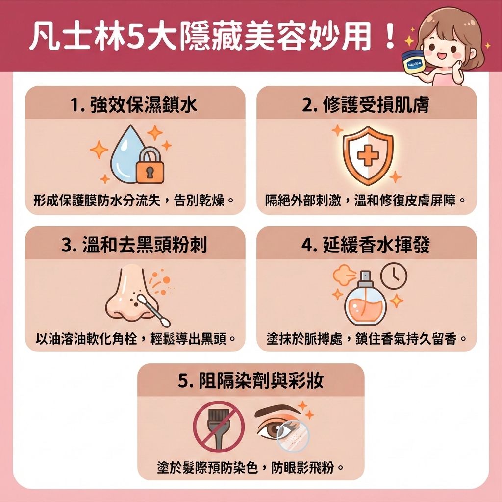 這是一張台灣健康部落格風格的醫美資訊圖表,介紹凡士林的5大美容用途。第一,它能為敏感肌提供保護,修復受損屏障(維護脆弱的皮膚屏障),並舒緩紅腫發炎。第二,它能鎖水保濕。第三,針對惱人的草莓鼻,當皮脂腺分泌過多油脂,混合肥厚的角質層會形成黑頭、粉刺及暗瘡。此時可利用凡士林「以油溶油」的特性,厚敷並蓋上保鮮紙來軟化老廢角質與溶解堆積油脂。接著用棉花棒****溫和導出黑頭,這能疏通堵塞毛孔、深層清潔毛孔並減少黑頭粉刺,切記要避免過度擠壓。
不過,清理後必須用卸妝油與洗面奶將殘留物徹底卸除乾淨,以溫和潔淨肌膚,否則容易造成毛孔堵塞。日常要避免過度清潔,可搭配含果酸或水楊酸的護膚品來控制油脂分泌與調節水油平衡,從而改善粗糙膚質並緊緻粗大毛孔(收細毛孔)。若肌膚問題嚴重,請尋求專業皮膚科醫生協助。圖表最後推薦完美醫療的專業項目,如激光去印療程與皇牌「暗瘡分手療程」,助您輕鬆重拾無瑕肌!