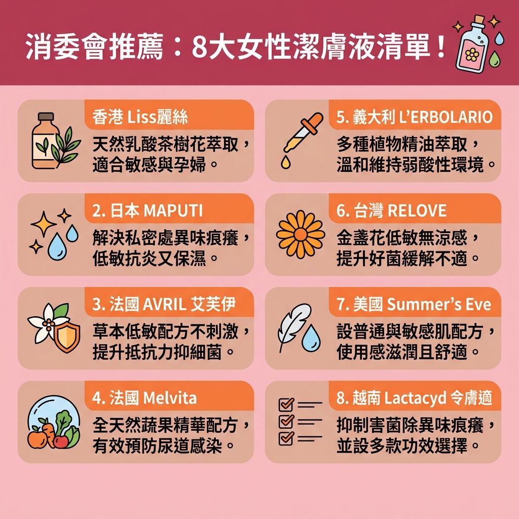 這是一張1:1正方形的台灣健康部落格風格資訊圖表,詳細解說【私密處清潔方法】與挑選【女性衛生用品】的指南。當女性面對【雌激素】與【荷爾蒙】波動,或在有【分泌物】與【經血】期間,【陰道】與【陰唇】的【微生態】及【酸鹼度】極易失衡。若錯誤使用一般【沐浴露】過度清洗,會洗走【乳酸桿菌】與【益生菌】,從而【破壞天然保護層】及脆弱的【黏膜】。
這極易誘發【念珠菌】、【滴蟲】或【陰道炎】,導致【白帶】異常,出現令人尷尬的【魚腥味分泌物】或【豆腐渣分泌物】。嚴重者更會面臨【陰部紅腫發炎】、【陰道痕癢痛楚】及伴隨【尿道】或【盆腔炎】等【念珠菌感染症狀】,急需【舒緩外陰痕癢】的方案。
為有效【消除私密處異味】、【維持私密處酸鹼值】與【預防陰道感染】,日常除了【減少使用護墊】並【穿著透氣內褲】(替換不透氣的【內褲】及【護墊】),以及注重正確的【經期護理方法】外,應選擇溫和弱酸性的【抗菌潔膚液】以幫助【私密處保濕】與【改善陰道乾澀】。結合健康作息以【增強身體免疫力】與專業的【無創私密處保養】,從根源重塑女性私密健康。