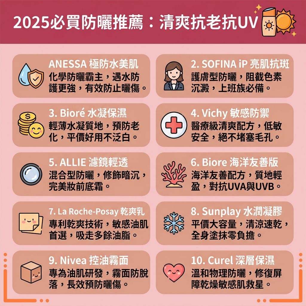 這是一張介紹2025年十大熱門【防曬霜】的1:1正方形扁平化醫美衛教資訊圖表。圖解深入探討了【化學防曬】與【物理防曬】的差異。了解【化學防曬分別】很重要:化學防曬透過【化學防曬成分】【吸收紫外線】並【轉化熱能】散發(利用【熱能】),而物理防曬則直接在肌膚表面【阻隔紫外線】。挑選合適的【防曬系數】,能保護【角質層】、【表皮層】及深層的【真皮層】免受【紫外線】傷害,有效【抵禦光老化】及【防止肌膚老化】。
日常挑選【清爽不黏膩】、【質地輕盈】的【護膚品】與【化妝品】,能有效【預防黑色素沉澱】與【預防色斑形成】,從根源避免【黑色素】聚集成頑固的【色斑】、【太陽斑】或【雀斑】。部分防曬產品可代替【隔離霜】或【素顏霜】,搭配【粉底液】使用能呈現【妝感自然】的效果,並幫助【提亮膚色】與【改善膚色不均】。
針對【敏感肌】,市面上有專屬的【物理防曬推薦】配方,避免【引起敏感】;喜愛戶外活動者也能選擇保護生態的【海洋友善防曬】。這些優質產品【不阻塞毛孔】,維持【毛孔】健康呼吸。最後提醒,塗抹防曬後務必使用【卸妝水】進行徹底的【卸妝清潔】,確保肌膚潔淨無瑕。