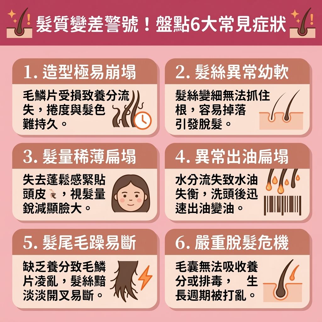 這是一張 1:1 正方形的扁平化向量醫美資訊圖表,教導大家如何進行【日常頭髮護理】與【鎖水保濕護理】。當【髮絲】受到【風筒】的【熱力】、強烈【紫外線】或過度使用【染髮劑】等傷害時,【角質層】與【毛鱗片】會嚴重受損。這不僅會令【水分】、【蛋白質】與【氨基酸】流失,更會引發【皮脂腺】異常,破壞【頭皮】健康,讓人無法【保持水油平衡】。
若缺乏適當保養,會令【髮尾】極度乾燥,最終導致【毛囊】萎縮與異常【脫髮】。為了【解決頭髮開叉】、【改善頭髮乾燥】與【改善頭髮打結】,我們必須積極【補充頭髮營養】以【修復受損髮絲】。
建議採用【正確洗頭方法】,挑選合適的【洗頭水】來【溫和清潔頭皮】。洗淨後,搭配使用【護髮素】、【髮膜】及【護髮油】,能有效【深層滋潤頭髮】並【撫平頭髮毛躁】。這些關鍵的【染燙後續保養】能幫助【隔離環境傷害】與【減少熱力傷害】,進一步【防止頭髮斷裂】並【強健脆弱髮根】(保護【髮根】)。只要持之以恆,就能【提升髮絲彈性】、【增加頭髮光澤】,讓你重新擁有一頭健康豐盈的【順滑光澤秀髮】!