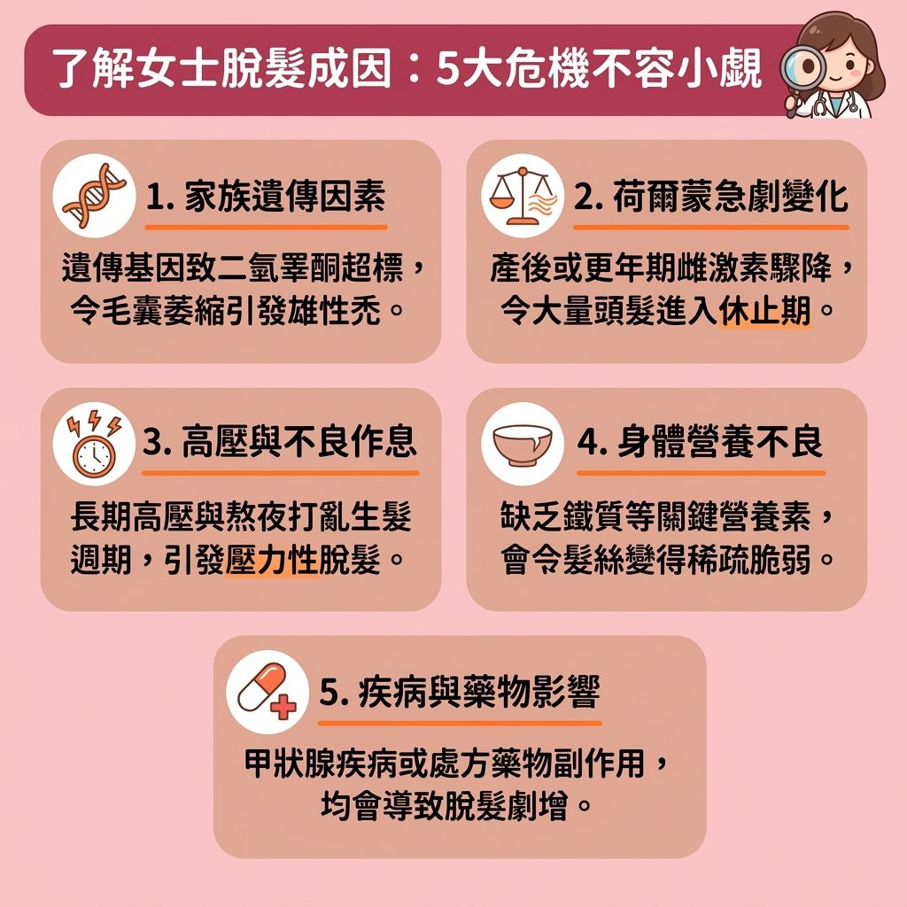 這是一張台灣健康部落格風格的 1:1 正方形資訊圖表,詳細解析了五大女士脫髮原因。面對女性脫髮治療方法,必須先了解脫髮根源。若因遺傳導致雄性禿,需尋求女性雄性禿治療。而產後脫髮(如產後嚴重甩頭髮)與更年期的荷爾蒙失調脫髮,多因體內荷爾蒙與雌激素驟變,若不知更年期掉髮看哪科,應優先尋找看脫髮醫生推薦,讓皮膚科醫生看脫髮。壓力會引發毛髮生長週期異常(即毛髮生長週期失調),導致休止期脫髮,針對壓力型脫髮解決,需促進頭皮的血液循環。當身體營養不良時,補充鐵質改善脫髮(攝取鐵質)至關重要。圖表也提醒防範頭皮發炎導致脫髮,日常可搭配合適的防脫髮洗頭水推介。若懷疑是甲狀腺問題需進行甲狀腺脫髮治療,或因處方藥物與自身免疫引起斑禿,應由專科醫生診斷脫髮(如專業皮膚科醫生)。除了嘗試脫髮中醫調理,更建議進行專業的頭皮毛囊檢測,以醫療外用藥米諾地爾、度身訂造的女士防脫髮療程、活髮療程或醫療級生髮療程來拯救萎縮的毛囊,全面改善頭髮稀疏問題。