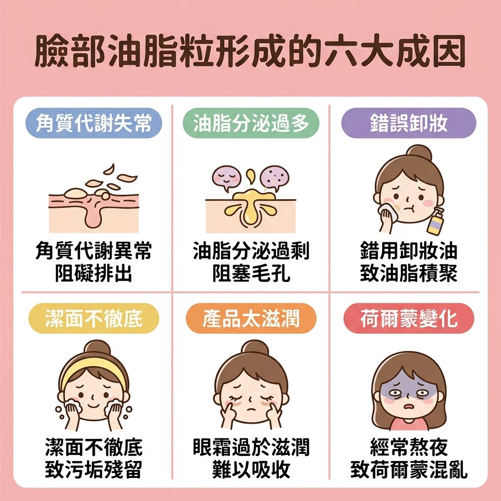 這是一張正方形的扁平化醫美資訊圖表,詳細解析油脂粒(又稱粟粒腫)的成因與改善方法。圖表展示了皮膚結構,包括角質層、真皮層、皮脂腺與汗腺。當皮脂腺分泌過多油脂,加上含有角蛋白的死皮堆積,若未能促進新陳代謝及減少油脂堆積,便會導致毛孔堵塞,形成與粉刺、暗瘡、黑頭相似的問題。
圖表指出六大成因:一是角質代謝失常;二是先天出油多,破壞了水油平衡;三是卸妝不徹底,錯誤使用卸妝油;四是日常缺乏深層清潔,或是反而過度清潔;五是護膚品過於滋潤,特別是厚重眼霜塗抹於脆弱的眼周肌膚;六是荷爾蒙失調。
為去除油脂粒及防止毛孔堵塞,圖表建議日常應溫和去角質,可使用含果酸或水楊酸的產品來溶解角質與軟化角質細胞,或者適度使用磨砂膏,有助疏通毛孔及抑制油脂分泌,並改善粗糙膚質。切記避免擠壓,以免發炎。若情況嚴重,除了傳統的針清挑除或激光去除,圖表推薦尋求完美醫療的專業協助,如暗瘡分手療程,安全有效且能預防復發。