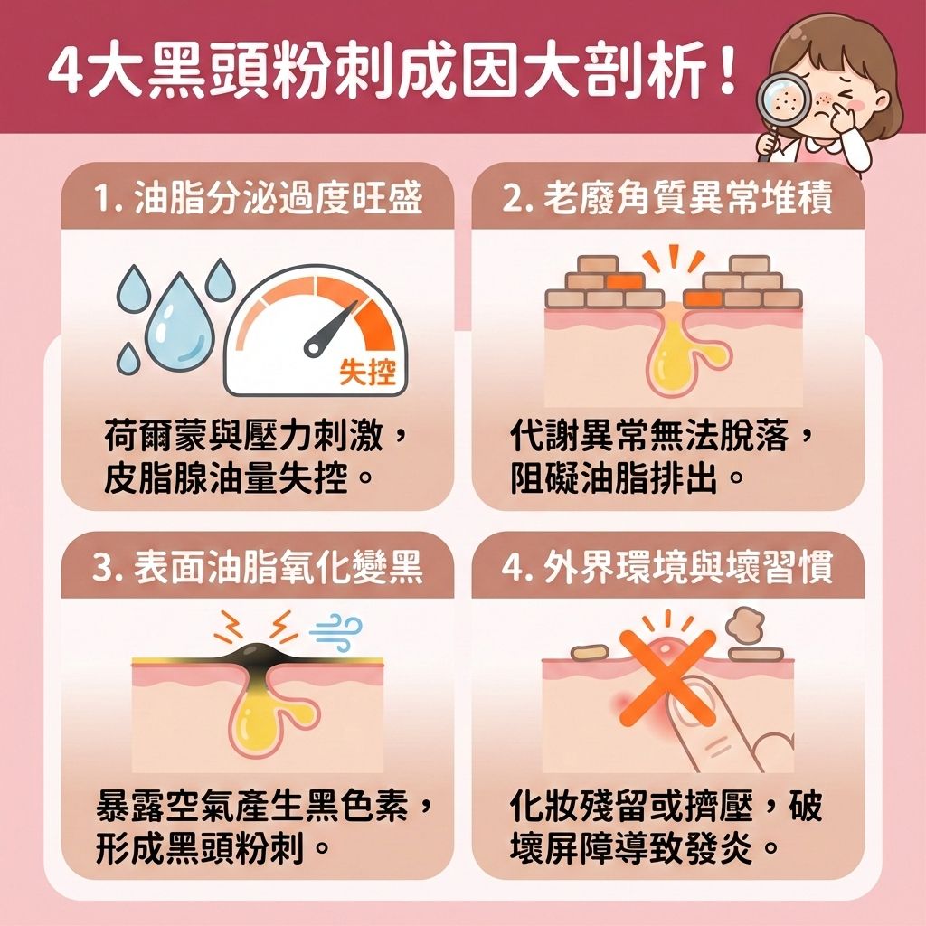 這是一張台灣健康部落格風格的正方形醫美資訊圖表,詳細解析四大成因。當荷爾蒙失衡時,皮脂腺會分泌過多油脂。若加上過厚的角質層代謝異常,會造成毛孔堵塞。當污垢與細菌積聚在毛孔,並接觸空氣氧化,就會形成黑頭與粉刺,甚至引發暗瘡。
要減少黑頭粉刺與預防暗瘡形成,必須深層清潔皮膚。日常使用卸妝油與洗面奶來徹底卸除彩妝並溫和潔淨肌膚,但要避免過度清潔以免破壞皮膚屏障,這樣才能修復受損屏障並舒緩紅腫發炎。同時要注意防曬以抵禦紫外線。
保養方面,建議挑選含果酸、水楊酸或杏仁酸的護膚品,能有效去除老廢角質、溶解堆積油脂並疏通堵塞毛孔。這不僅能控制油脂分泌、調節水油平衡,還能促進細胞代謝、改善粗糙膚質及緊緻粗大毛孔。切記絕對要避免過度擠壓。若情況嚴重,圖表強烈推薦香港完美醫療的專業醫學美容項目,如激光去印療程與皇牌「暗瘡分手療程」,助您重拾健康美肌!