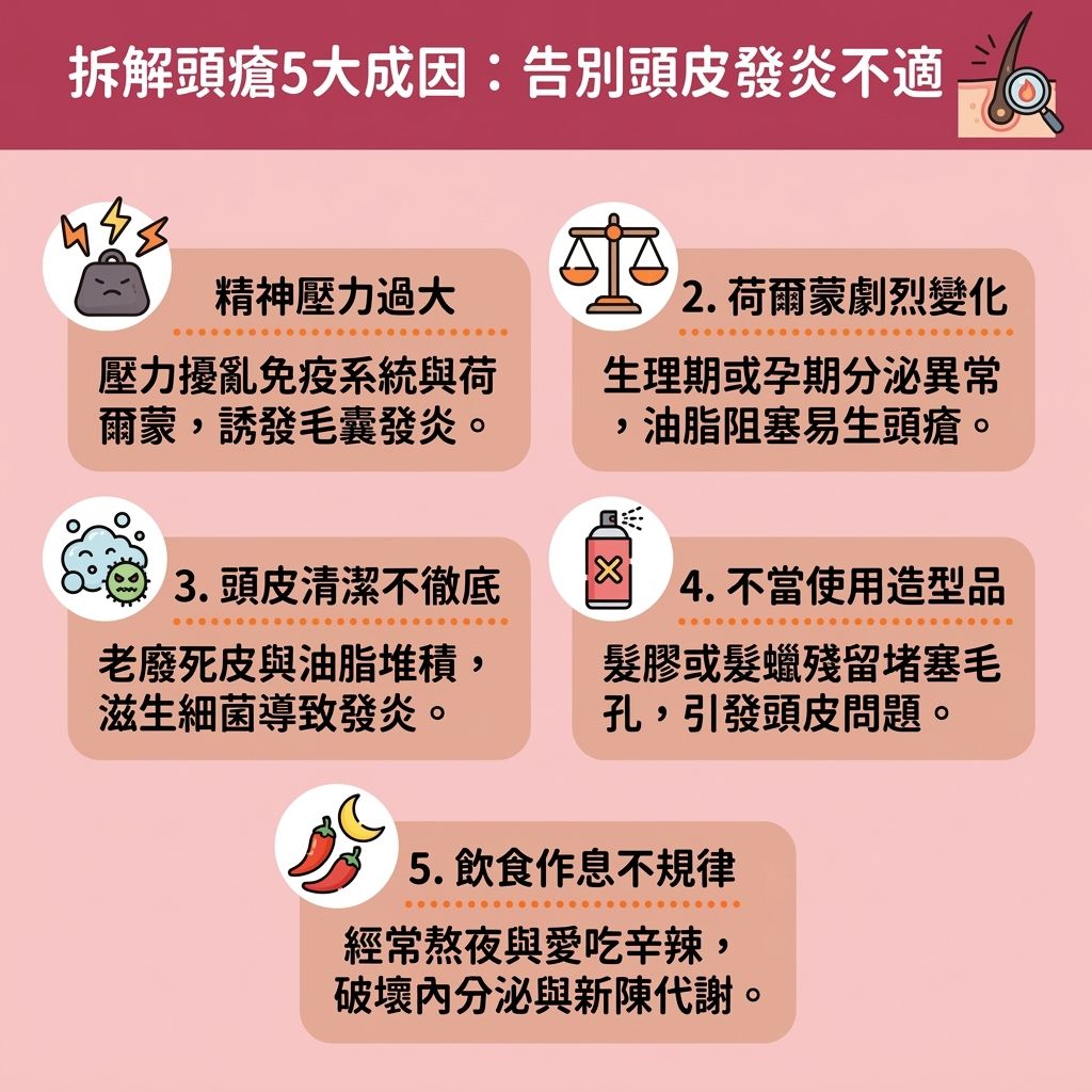 這是一張台灣健康部落格風格的 1:1 正方形資訊圖表,詳細圖解頭瘡的成因與頭瘡解決方法。現代人常因壓力與不良睡眠引發壓力大生頭瘡及熬夜生頭瘡,這會破壞內分泌與免疫系統,並減慢新陳代謝。女性則常面臨荷爾蒙失調頭瘡,因為荷爾蒙波動會刺激皮脂腺,導致頭皮出油。當多餘油脂、角質與汗水混合,容易滋生細菌與真菌,引發炎症,不僅造成頭皮痕癢解決的需求,更會傷害毛囊導致脫髮。
圖表建議積極尋求改善頭皮發炎與舒緩頭皮敏感的對策。日常需注重清淡飲食,並透過緩解生活壓力與改善睡眠質素來調理身體。在洗護方面,學習正確的清潔毛囊方法與頭皮深層護理至關重要,可搭配抗菌洗髮水推薦、去頭皮屑洗頭水或防脫髮洗頭水等洗頭水,幫助減少頭皮出油與預防頭瘡復發。若想舒緩頭皮紅腫,可考慮塗抹頭皮暗瘡膏。面對嚴重的毛囊問題,應盡早尋求皮膚科醫生協助進行毛囊炎治療,必要時服用抗生素;或選擇中醫調理頭瘡,以達到標本兼治的效果。