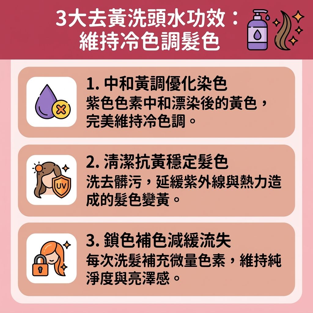 這是一張台灣健康部落格風格的 1:1 正方形資訊圖表,主題是去黃洗頭水推薦與漂髮後護理。圖表詳細解釋了解決頭髮變黃的科學原理。當我們進行漂髮與染髮後,尤其是冷色系染髮(如灰髮),頭髮容易褪色並跑出難看的黃銅色。專業髮型師分享的漂髮補色技巧指出,透過對比色原理,使用含有紫色色素的去黃洗頭水(或稱紫色洗頭水)能有效中和黃色(因為紫色是對比色),達到極佳的去黃效果評價,幫助維持冷色調髮色與高質感的霧面髮色(冷色調)。
圖中教導了正確的矯色洗頭水用法與紫色洗頭水停留時間,並解析了補色洗頭水分別。這類護色洗髮水不只能鎖色、矯色與補色,帶來卓越的固色效果,更能進行漂染受損修復與沙龍級護理保養。配方中豐富的角蛋白能深入毛鱗片,針對脆弱的頭皮與髮質進行頭髮乾枯修復與預防髮色氧化。正確的染髮鎖色心得強調,這不僅能撫平毛躁,更能有效減少髮絲斷裂,全面守護你的美麗秀髮。