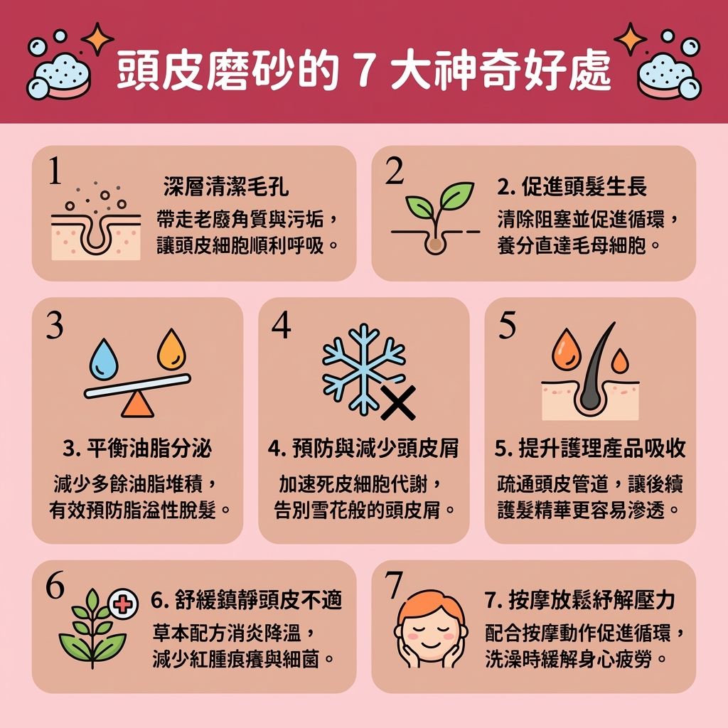 這是一張 1:1 扁平化醫美資訊圖表,教導大家【日常頭皮護理】與【正確洗頭步驟】。圖中展示使用含有【海鹽】與【氨基酸】的【磨砂膏】,能【深層清潔頭皮】與【溫和清潔毛孔】。它能【去除老廢角質】、【徹底清除污垢】及洗去多餘【油脂】,避免【污垢】與分泌物引發【預防毛囊堵塞】。
當【頭皮】的【皮脂腺】失調時容易長【頭瘡】與【頭皮屑】,透過磨砂能【控制油脂分泌】、【保持水油平衡】,有效【減少頭皮屑】並【解決頭皮痕癢】。同時搭配適當的按摩,能加強【血液循環】以【促進血液循環】,讓【營養】與【水分】順利抵達【毛囊】,這有助於【刺激毛囊再生】、【強健脆弱髮根】保護【髮根】,並【預防脫髮問題】與異常【脫髮】。
清除【角質】後,能大大提升後續【洗頭水】與【護髮素】的吸收力,進而【修復受損屏障】並【舒緩頭皮敏感】。整體能完美【改善頭皮環境】,使【毛孔】暢通,讓【髮絲】更健康,最終能【改善頭髮扁塌】,大幅【增加頭髮蓬鬆度】!