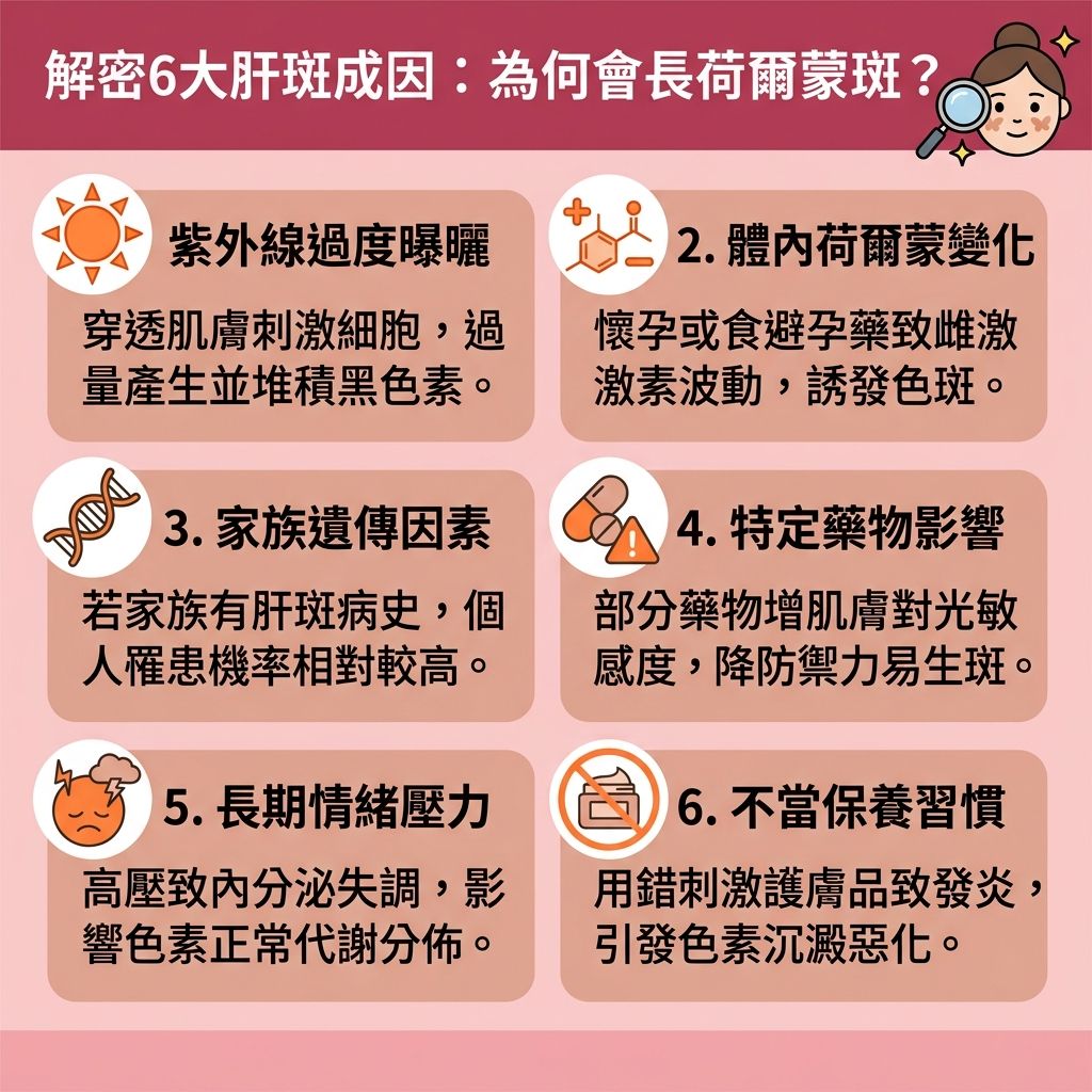 這是一張1:1正方形的台灣健康部落格風格資訊圖表,詳細剖析【肝斑成因】。肝斑又稱【黃褐斑】或【荷爾蒙斑】,當【孕婦】懷孕、服用【避孕藥】或面臨【內分泌失調】時,體內【雌激素】波動會刺激【表皮層】與深層【真皮層】的【黑色素細胞】。若加上強烈【紫外線】侵襲,便會大量產生【黑色素】而形成頑固的【色斑】。
為【阻截黑色素形成】與【預防黑色素沉澱】,必須採取正確的【物理防曬方法】並勤塗【防曬霜】。日常可選用含【維他命】、【傳明酸】或【熊果素】的【護膚品】,幫助【抵抗自由基】、【抑制酪氨酸酶】、【修復受損肌膚】與【促進新陳代謝】(加速【新陳代謝】)。這能有效【解決色素沉澱】、【改善暗沉肌膚】、【改善膚色不均】,達到【提亮膚色】與【均勻膚色】的目的。
若想徹底【淡化肝斑】與【去除荷爾蒙斑】,許多人會尋求專業診所的【去斑療程推薦】。現時先進的【皮秒激光】技術能精準【擊碎深層黑色素】,不僅【激光去斑效果】卓越,光熱效應更能【刺激膠原增生】,補充流失的【膠原蛋白】,讓你重拾健康無瑕的白滑肌膚。