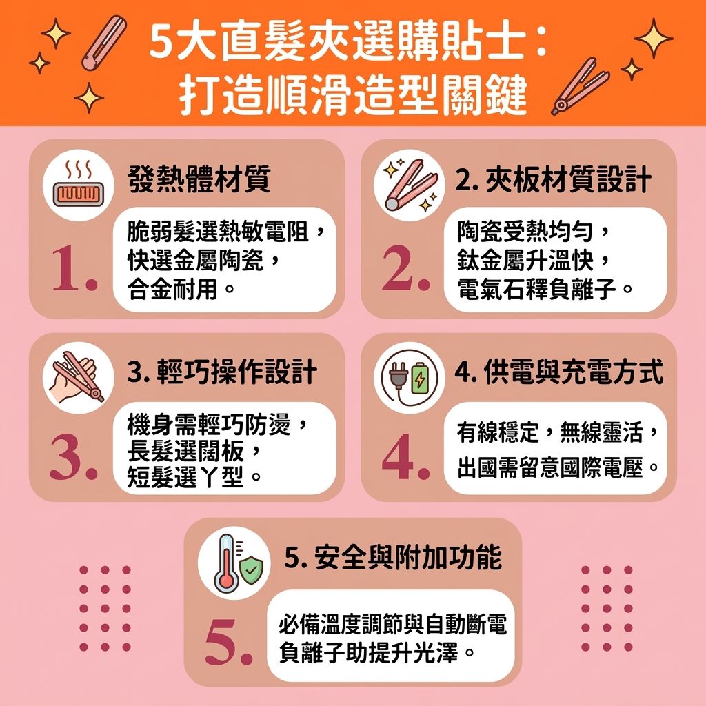 這是一張 1:1 扁平化醫美資訊圖表,教導大家如何挑選【直髮夾】進行【日常頭髮護理】與【燙後護髮保養】。若想【改善天生鬈髮】與【曲髮】問題,【選擇適合材質】的【塗層】與【夾板】(如【陶瓷】或【鈦金屬】)至關重要。好的材質具備【均勻受熱面板】與【快速預熱功能】,能精準【控制造型溫度】,有效【隔離高溫損傷】並【減少熱力傷害】。
好的造型夾在釋放【負離子】時,能【減少靜電摩擦】消除【靜電】,全面保護【頭皮】、【髮根】至【髮尾】。這有助於【撫平頭髮毛躁】、【解決頭髮打結】,並讓【毛鱗片】順利【閉合毛鱗片】。如此一來,【髮絲】內的【水分】、【蛋白質】與【角蛋白】才不會因【熱力】流失,達到【防止水分流失】與【預防頭髮斷裂】的效果。
配合【護髮素】進行【鎖水保濕護理】,能【修復受損髮質】,完美【塑造順滑直髮】。合適的【溫度】不僅能【延長造型持久度】,更能大幅【提升髮絲光澤】,讓您輕鬆擁有亮麗【造型】!