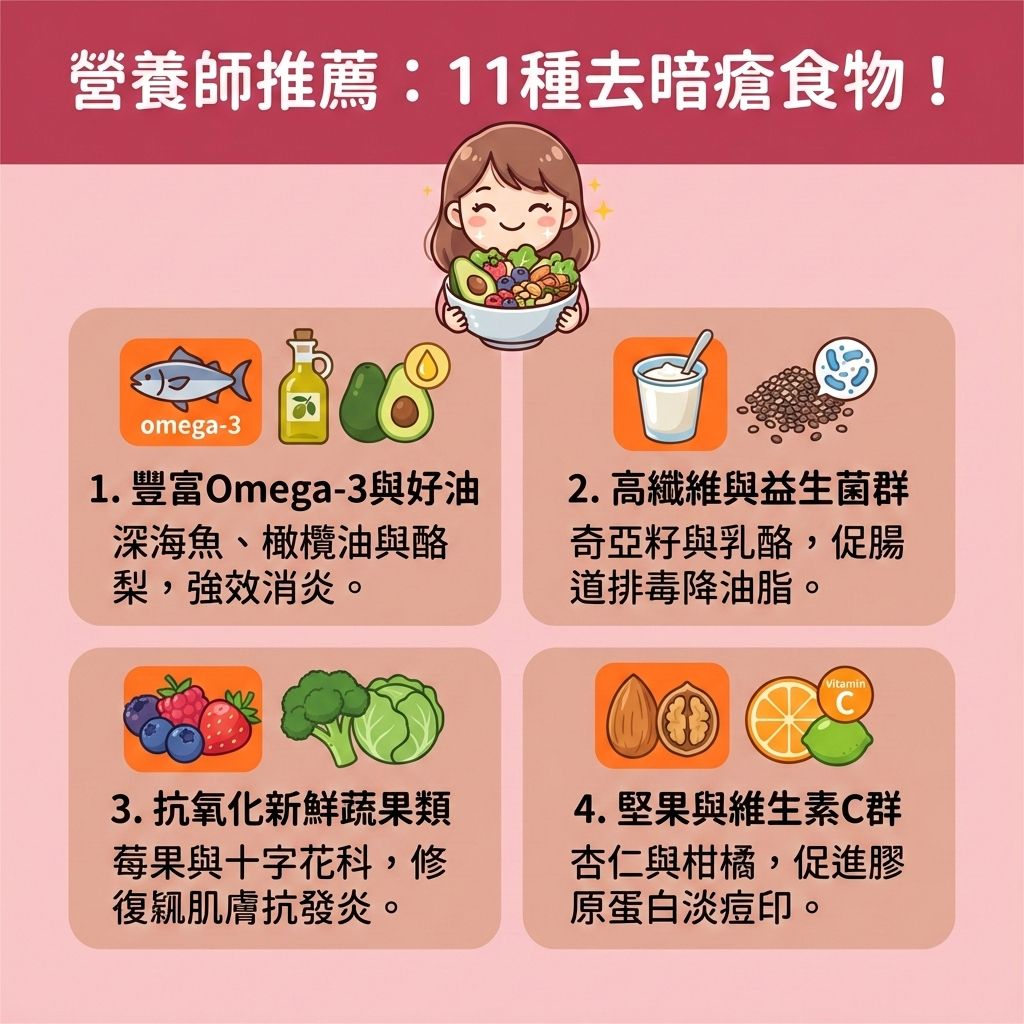 這是一張台灣健康部落格風格的醫美資訊圖表,介紹11種幫助對抗暗瘡的食物。圖中女孩正開心地建立健康飲食。攝取正確的營養素與維他命能抗氧化抗發炎並舒緩紅腫發炎。
第一類是富含Omega-3的深海魚與健康油脂,能對抗體內炎症。第二類是益生菌與富含膳食纖維的奇亞籽,能改善腸道健康、淨化腸道、補充水分排毒,並降低升糖指數以控制油脂分泌。日常更要避免高糖飲食(減少攝取過多糖分與精緻碳水化合物)及減少奶類製品。
第三類是蔬菜與莓果,富含抗氧化物,能對抗自由基、促進皮膚代謝、改善粗糙膚質、增強皮膚屏障並減少暗瘡形成。第四類是富含鋅與優質蛋白質的堅果,有助調節內分泌失調、穩定荷爾蒙,並安撫活躍的皮脂腺。多攝取維生素C能促進膠原蛋白生成,促進傷口癒合並淡化色素沉澱。
這些食物能提升免疫系統並預防暗瘡復發。若問題嚴重,請諮詢專業皮膚科醫生。圖表下方推薦香港醫學美容權威完美醫療的專業項目,如激光去印療程與皇牌「暗瘡分手療程」,助您由內而外吃出平滑健康肌!