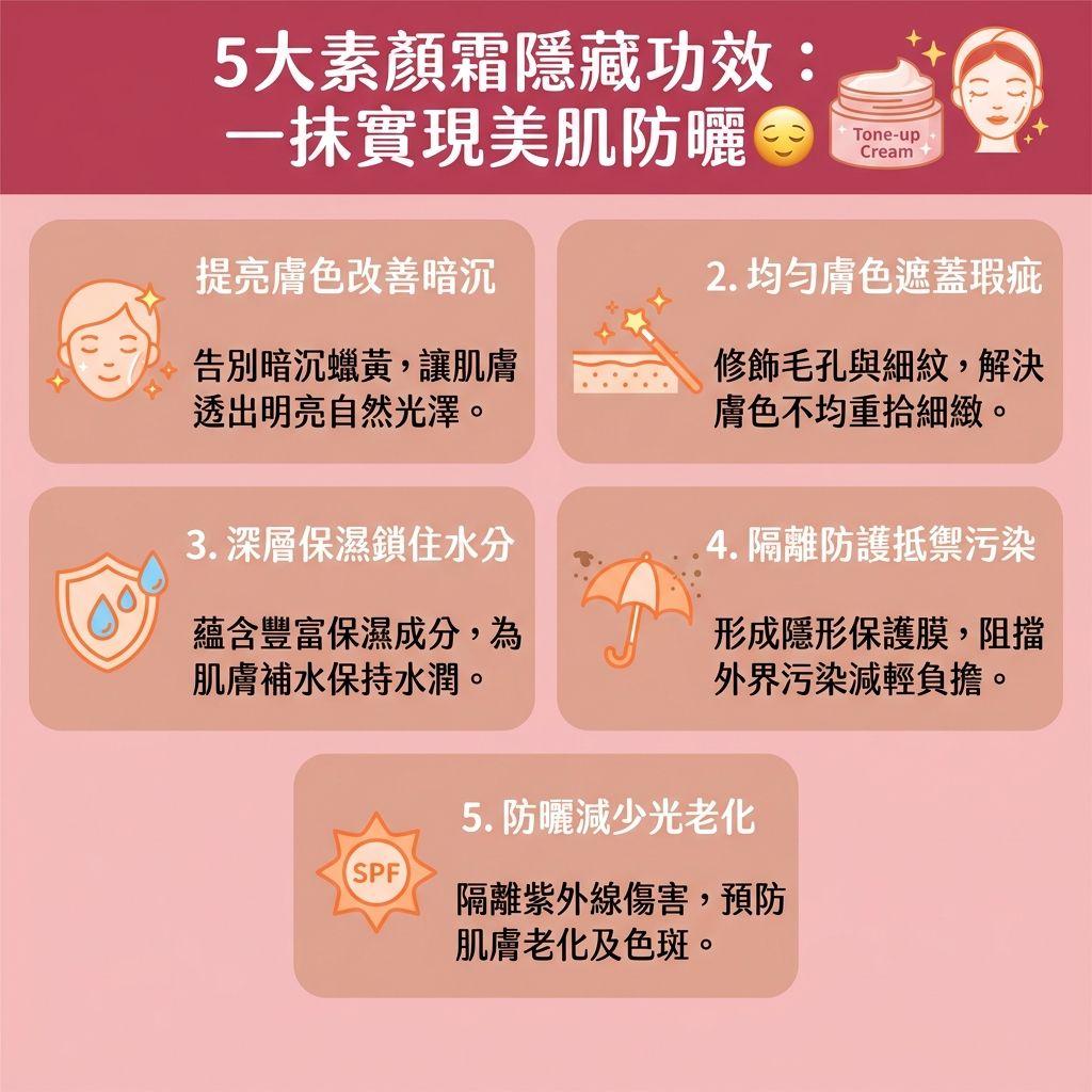 這是一張1:1的台灣健康部落格風格資訊圖表。詳細描述了【素顏霜】的5大功效。作為日常的【護膚品】與【化妝品】,它比傳統的【粉底液】或【隔離霜】更加【輕薄透氣】、【清爽不黏膩】。它能有效【提亮膚色】、【改善暗沉】、【均勻膚色】及【改善膚色不均】,並能完美【修飾毛孔】與【遮蓋瑕疵】。
不僅如此,部分產品蘊含【物理防曬成分】如【二氧化鈦】與【氧化鋅】,具備【防曬霜】的功能。它能作為【物理防曬】(或結合【化學防曬】),為肌膚【阻隔紫外線】的侵害,做好【日常防曬】。這能保護【角質層】、【表皮層】及深層的【真皮層】,有效【預防黑色素沉澱】與【預防色斑形成】,從根源避免【黑色素】聚集成【色斑】、【雀斑】或【太陽斑】,達到【抵禦光老化】及【防止肌膚老化】的效果。
這類產品大多【不阻塞毛孔】且【敏感肌適用】,極度適合作為【妝前打底】,有助於【減少溶妝】。最後提醒,使用後仍需使用專門的【卸妝水】進行徹底的【卸妝清潔】,確保【毛孔】暢通健康。