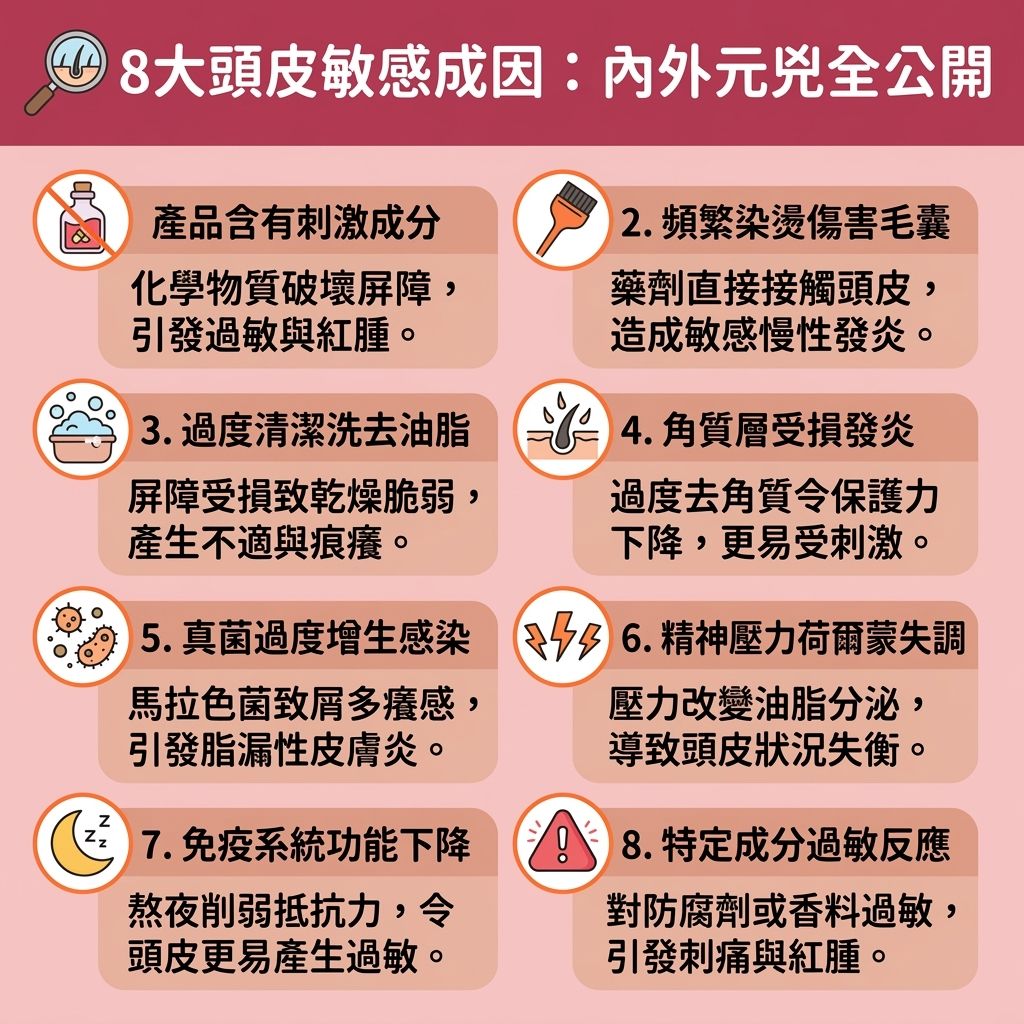 這是一張採用台灣健康部落格風格的 1:1 正方形扁平化向量資訊圖表,主題為「8大頭皮敏感成因」。圖表詳細解析了頭皮、毛囊與角質層受損的原因,並提供頭皮敏感解決方法。外部成因包括使用含刺激成份的洗頭水、護髮素或染髮劑引發頭皮發炎紅腫(涉及紅腫與炎症);頻繁染燙導致染髮後頭皮痛,需透過頭皮護理療程來改善毛囊發炎。過度清潔會破壞水分與蛋白質平衡,需改善頭皮乾燥並積極修復頭皮屏障。若因真菌感染引發脂溢性皮炎治療需求,則需解決頭皮屑問題(改善頭皮屑)以預防頭皮濕疹(濕疹)。內部因素如壓力導致荷爾蒙失調與免疫系統下降,引起舒緩頭皮緊繃需求或頭皮長暗瘡,嚴重時應諮詢醫生。針對敏感肌與換季頭皮痕癢,建議參考敏感頭皮洗頭水推介(如抗敏洗髮露或溫和洗髮水推薦)來舒緩頭皮痕癢、減少頭皮出油(調節皮脂腺)並進行頭皮深層清潔。預防頭皮敏感脫髮(脫髮)亦需注意抵抗紫外線傷害。