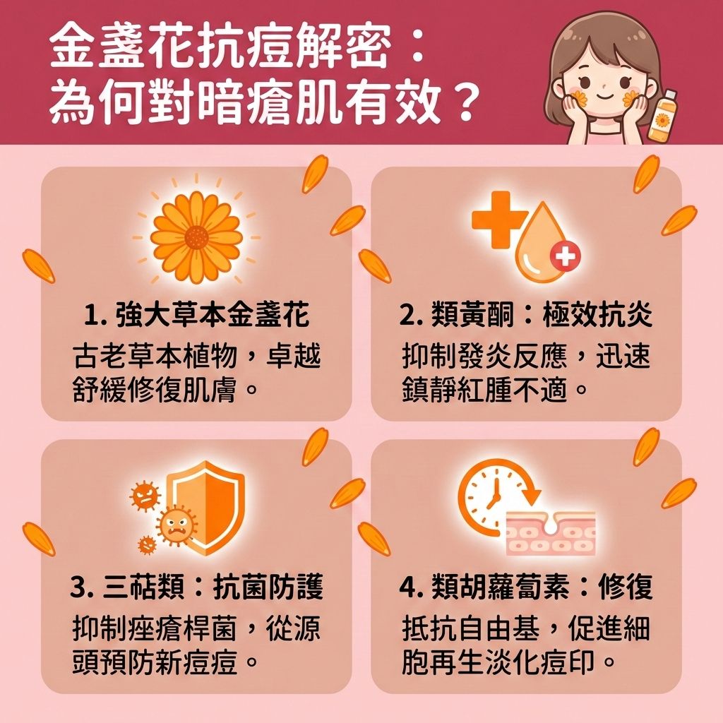 這是一張台灣健康部落格風格的正方形醫美資訊圖表,介紹金盞花對抗暗瘡的功效。圖中可愛女孩正使用金盞花爽膚水與面膜,幫助改善面部潮紅與舒緩敏感泛紅。當皮脂腺分泌過多,堵塞毛孔與角質層時,容易形成粉刺並滋生細菌引發炎症。
金盞花具有極佳的抗菌消炎作用,能舒緩紅腫發炎、褪紅消炎鎮靜與減輕痕癢不適。配合溫和的洗面乳****溫和潔淨肌膚,或使用含茶樹油與水楊酸的護膚品來去除老廢角質,能有效控制油脂分泌與調節水油平衡。
對於敏感肌,它能修復受損屏障並增強皮膚屏障,同時避免刺激成分。這不僅能促進傷口癒合、預防暗瘡形成,還能淡化色素沉澱(減少暗瘡印)、改善粗糙膚質及收細粗大毛孔。若脆弱的皮膚屏障受損嚴重,建議諮詢皮膚科醫生。圖表下方特別推薦香港專業醫學美容機構完美醫療的激光去印療程與皇牌「暗瘡分手療程」,助您重拾健康美肌!