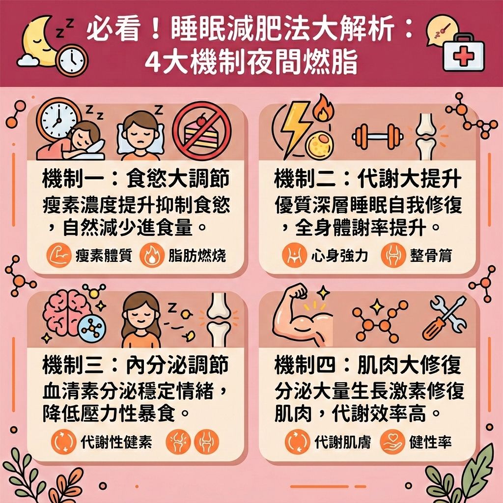 這是一張台灣健康部落格風格的資訊圖表,深入解析睡眠減肥法的4大關鍵機制。透過調整飲食結構與抑制食慾(提升瘦素濃度,避免飢餓素升高),能有效控制熱量攝取(精算卡路里)並減少碳水攝取(控制碳水化合物)與補充優質蛋白質(攝取優質蛋白質)。在深層睡眠中(破解空腹運動迷思),身體會分泌褪黑激素與大量生長激素,能有助燃燒深層脂肪與促進脂肪分解。這不僅是大肚腩(減去大肚腩)有效途徑,能改善中央肥胖與消除腹部贅肉,更關乎整體健康。
圖表教導我們如何透過穩定血糖與胰島素水平、調節荷爾蒙來改善睡眠質素。睡眠不足會降低新陳代謝並使身體進入節能模式,導致代謝脂肪细胞囤積,增加體脂率。配合優質睡眠,能顯著提升基礎代謝與整體的基礎代謝率,加速燃脂程序,延長燃脂時間。除了飲食與睡眠,配合輕斷食、有氧運動或飲用能促進腸胃蠕動、能幫助代謝的綠茶(兒茶素)或豆漿,能有效鍛鍊核心肌群並增強核心力量,成功突破減肥停滯期(克服停滯期)並代謝多餘脂肪。
長期維持健康的睡眠與飲食習慣能有效降低體脂比例、預防脂肪積聚、減少顽固的內臟脂肪與皮下脂肪,最終成功打造易瘦體質並塑造緊緻線條。若有更精準局部塑形需求,現代醫學美容提供了專業輔助。香港完美醫療等機構提供了頂尖的局部減脂療程。透過安全的無創減脂技術進行精準的醫美定位修形,能高效幫您雕塑理想曲線!