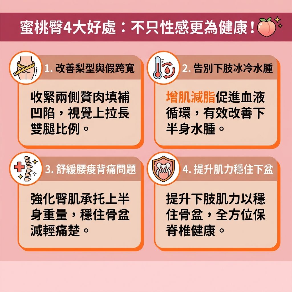 這是一張1:1正方形的台灣健康部落格風格資訊圖表,介紹如何【練成蜜桃臀】及【收緊臀部線條】。許多女性(包含【產婦】)因久坐或缺乏運動,導致【脂肪】囤積於【大腿】與臀部,形成【假肚腩】並需要【改善假跨寬】。為了【塑造葫蘆身型】與【提升臀部輪廓】,必須針對【臀大肌】、【臀中肌】與【臀小肌】進行訓練。
日常可透過【深蹲】、【臀橋】等動作,配合【啞鈴】或【彈力帶】,消耗【卡路里】並【提升基礎代謝】。這不僅能【強化核心肌群】與【核心肌肉】,保護【關節】與【骨盆】,更能【預防骨盆前傾】、【舒緩腰背痛楚】及【提升下肢力量】。充足的【蛋白質】與平衡的【雌激素】也有助於生成【肌肉】。運動能【促進血液循環】,有效【改善下半身水腫】與【緊緻大腿內側】。
對於希望【產後修身】的女性,除了鍛鍊,亦可考慮【增肌減脂療程】或【無創修身療程】。利用先進的【電磁波】技術深入【刺激肌肉收縮】,幫助【消除頑固脂肪】,同時【修復腹直肌】及【改善產後肚皮鬆弛】(針對突出的【腹直肌】),達到全方位的健康與美麗。