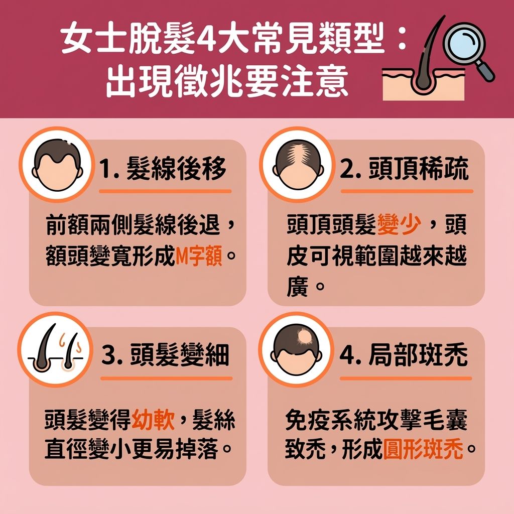 這是一張台灣健康部落格風格的 1:1 正方形資訊圖表,詳細解析了四種常見的女士脫髮原因與類型。當出現異常脫髮時,我們應關注毛囊與頭皮健康。不論是因壓力造成的壓力型脫髮解決需求、營養不良,還是因荷爾蒙與雌激素波動引發的荷爾蒙失調脫髮,甚至產後嚴重甩頭髮(即產後脫髮)及更年期問題(讓人苦惱更年期掉髮看哪科),都會影響毛髮生長週期,導致休止期脫髮或毛髮生長週期失調。
若發現頭皮發炎導致脫髮、或是女性雄性禿(需尋找女性雄性禿治療)與斑禿,應尋求看脫髮醫生推薦。由專科醫生診斷脫髮,特別是皮膚科醫生看脫髮,能精準找出如甲狀腺問題(需甲狀腺脫髮治療)等病因。為改善頭髮稀疏,可進行專業的頭皮毛囊檢測。
在女性脫髮治療方法上,皮膚科醫生可能會建議使用含米諾地爾的處方藥物,或推薦醫療級生髮療程及女士防脫髮療程(即活髮療程)以促進血液循環。日常護理方面,除了使用防脫髮洗頭水推介外,補充鐵質改善脫髮(確保吸收足夠鐵質)也是關鍵。部分患者亦會選擇脫髮中醫調理,全方位對抗脫髮危機。