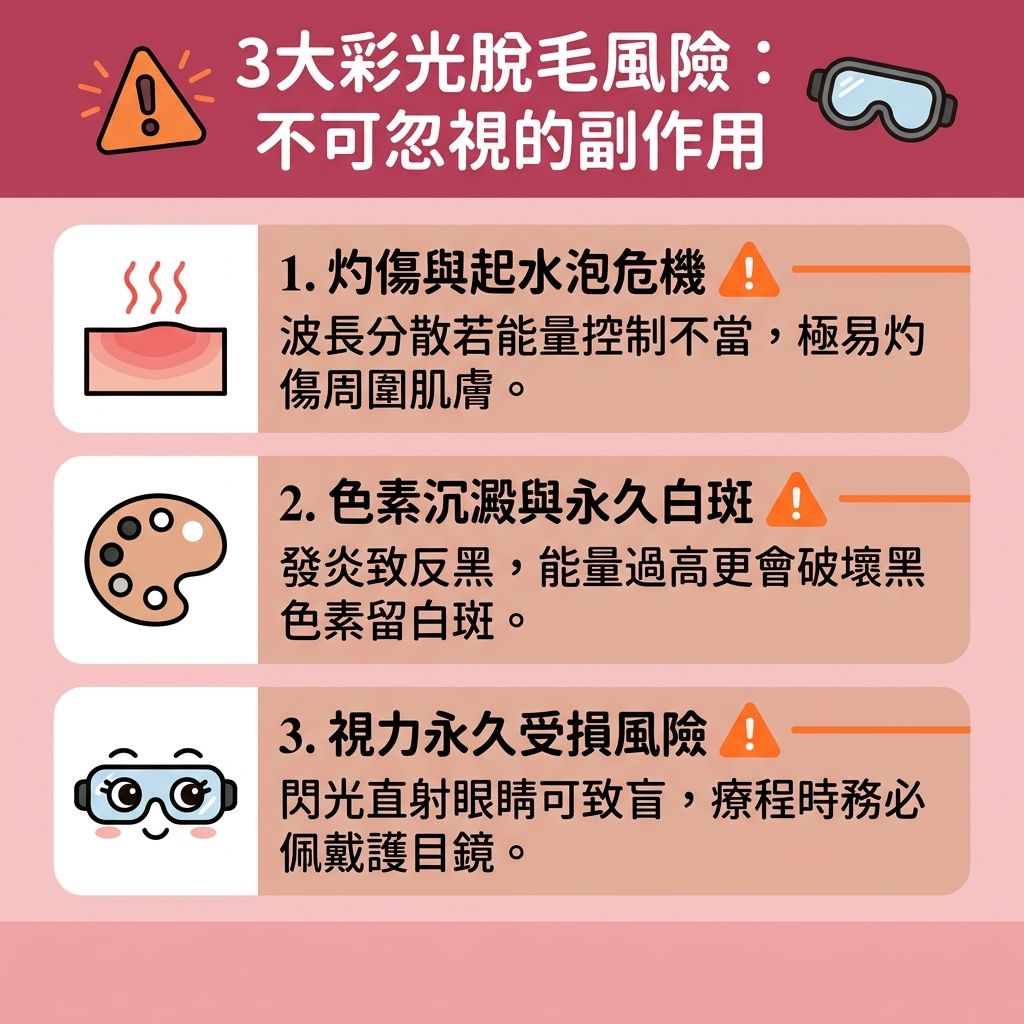 這是一張台灣健康部落格風格的 1:1 正方形向量資訊圖表,詳細解析彩光脫毛缺點及副作用風險。許多人想了解彩光激光分別與家用脫毛機比較,其實彩光與激光的波長及光學原理大不相同。彩光光束較分散,若能量調校不當,無法精準對準毛囊中的黑色素,會牽連周邊的皮膚與表皮,引發痛楚、紅腫甚至炎症。
圖表強調避免皮膚灼傷與解決毛囊發炎的重要性。為了減少色素沉澱及防止毛孔與角質受損,必須注意正確的光學脫毛用法。特別是敏感肌進行療程時,若無專業醫生指導,錯誤操作會破壞肌膚。處理臉部時更有嚴格的面部脫毛注意事項,需防範強烈閃光直射眼睛。
為達理想的彩光脫毛效果,需配合毛髮生長週期控制彩光脫毛次數,以正確破壞毛囊組織、抑制毛髮生長及改善毛髮倒生。若追求安全脫毛方法與永久脫毛推薦,具備冰感技術的無痛脫毛療程能有效舒緩脫毛紅腫。最後,圖表提醒做好脫毛前後護理,這不僅能幫助收細粗大毛孔,更能保護肌膚免受長期傷害,讓毛髮不再成為困擾。
