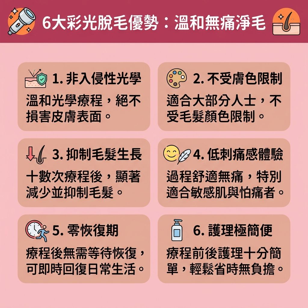 這是一張台灣健康部落格風格的 1:1 正方形資訊圖表,深入解析彩光脫毛的好處,並教導讀者了解彩光激光分別。許多人在搜尋家用脫毛機比較時,會關注彩光脫毛效果與彩光脫毛缺點。圖表指出,彩光屬於一種光學技術,利用特定波長與溫和的能量,透過閃光穿透表皮,針對毛髮根部的黑色素進行作用,逐步破壞毛囊組織,以配合毛髮生長週期來達到抑制毛髮生長的目的。
這是一種非常安全脫毛方法,能有效避免皮膚灼傷並減少痛楚。對於敏感肌而言,搭配冰感技術的無痛脫毛療程能大幅舒緩脫毛紅腫,避免紅腫與炎症,這有助於解決毛囊發炎並減少色素沉澱。正確掌握光學脫毛用法,不僅能保護皮膚與角質,還能改善毛髮倒生並收細粗大毛孔,讓毛孔更緊緻。
圖表提醒,無論是身體還是面部脫毛注意事項,進行足夠的彩光脫毛次數與療程是關鍵。做好脫毛前後護理,便能輕鬆維持平滑肌膚。若追求更極致的永久脫毛推薦,則可諮詢專業醫生關於激光深入毛囊的療程。