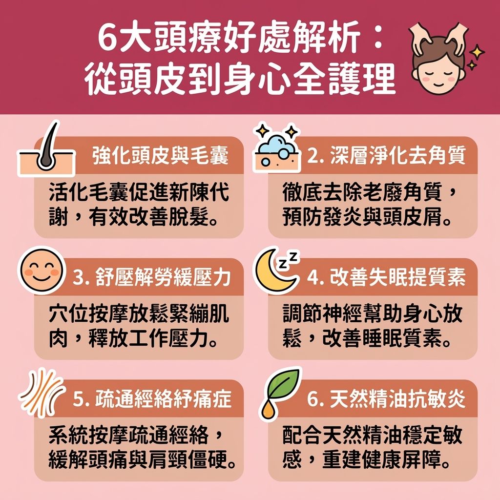 這是一張可愛風格的 1:1 資訊圖表,主題為優質的頭療推介。畫面中,專業的理療師正在頭皮護理中心內,運用先進儀器與結合中醫理論的中醫頭部理療技術進行操作。圖表詳細解釋了頭皮深層清潔療程的好處,它遠勝於日常單用洗頭水與護髮素。透過頭皮按摩排毒與頭部穴位按摩刺激穴位,能有效疏通頭部經絡(打通經絡)並促進血液循環。
這不僅是極佳的舒壓放鬆療程,能釋放日常壓力、改善睡眠質素並促進深層睡眠,還能緩解頭痛疲勞。針對健康,按摩能深層清除角質與調理皮脂腺,解決頭皮出油與淨化毛囊堵塞,是極佳的去頭皮屑方法,能告別頭皮屑與炎症。配合具有精油頭療功效的天然精油,可舒緩頭皮敏感,保護脆弱的頭皮與毛囊。
此外,它能為頭部提供充足營養,延緩頭皮老化,有效進行防脫髮護理以改善脫髮與改善頭髮稀疏問題,同時改善頭髮扁塌。圖表下方亦貼心列出了相關的頭皮護理收費參考,讓大眾了解頭療帶來的全方位身心益處。