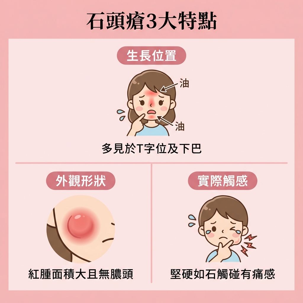 這是一張正方形扁平化的醫美資訊圖表,主要介紹石頭瘡(即囊腫型暗瘡)的特點。圖表說明當荷爾蒙與內分泌失調時,皮脂腺會異常活躍。若缺乏溫和潔面及深層清潔,毛囊堵塞會導致痤瘡桿菌在真皮層大量繁殖,引發深層感染與嚴重發炎,形成紅腫硬痛的結節與膿疱。
圖中警告絕對要避免擠壓,否則極易留下凹凸洞和暗瘡印。建議尋求皮膚科醫生作專業診斷,必要時使用處方藥物(如抗生素、避孕藥、類固醇)來調理內分泌、消炎殺菌與消除紅腫。
日常護理需疏通毛孔、抑制油脂分泌、減少皮脂分泌及修復皮膚屏障。為了預防留疤與撫平疤痕,圖表推薦結合果酸換膚與激光治療來改善粗糙膚質及刺激膠原增生。最後強烈推薦體驗完美醫療的專業暗瘡分手療程,長效預防復發,重獲平滑健康肌膚。