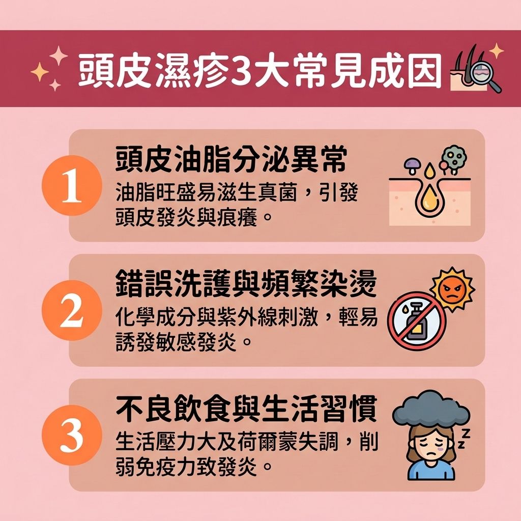這是一張 1:1 正方形的可愛扁平化向量資訊圖表插畫,採用台灣健康部落格風格,詳細解析【頭皮濕疹】與【脂溢性皮炎】的成因。當【頭皮】的【皮脂腺】出現異常的【頭皮油脂分泌】,容易滋生【馬拉色菌】,破壞脆弱的【角質層】,引發【頭皮敏感痕癢】與產生大量【頭皮屑】。此時必須及時【抑制真菌感染】並【解決毛孔堵塞】,否則極易導致嚴重的【毛囊炎】與【脫髮】。
不良的【日常頭皮護理】或缺乏【溫和清潔頭皮】與【頭皮深層清潔】,加上【免疫系統】低落或【荷爾蒙】失調,都會惡化情況。若同時受【雙氫睪酮】影響,更會引發【雄性禿】,成為【髮線後移成因】,導致【髮線】退縮與產生【改善頭頂稀疏】的需求。為落實【預防脫髮方法】與進行【脂溢性脫髮治療】,醫學建議及早【舒緩頭皮紅腫】與【改善頭皮環境】,必要時由醫生處方使用【抗生素】或外塗含【類固醇】等成分的【外用消炎藥物】。