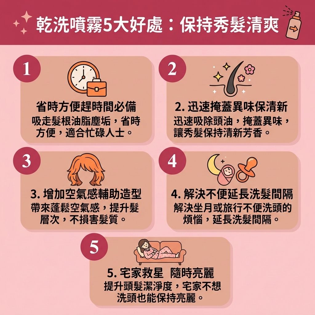 這是一張 1:1 正方形扁平化向量插畫,採用台灣健康部落格風格,介紹【免沖水洗髮】的【頭髮乾洗噴霧】(或稱【乾洗髮】)的五大好處與注意事項。圖中顯示,乾洗噴霧利用【澱粉】與【粉末】來【吸附頭皮油脂】與【清潔頭皮污垢】,能快速【去除頭髮異味】、【保持頭髮乾爽】並【解決頭髮扁塌】,有效【增加頭髮蓬鬆度】,讓【髮根】與【髮絲】重拾乾淨。
然而,圖表也提醒這並非萬能的【日常頭髮護理】。過度依賴而不用真正的【洗頭水】去【清洗乾洗粉末】與【深層清潔頭皮】,會導致【化學物質】與【殘留化學成分】積聚。噴霧中的【酒精】成分可能【破壞頭皮屏障】、【引起頭皮敏感】,甚至讓【敏感肌】出現【頭皮痕癢紅腫】。
若【油脂】與污垢長期【堵塞頭皮毛孔】,會嚴重影響【頭皮】與【皮脂腺】,滋生【細菌】,導致【角質層】受損與【頭皮屑】增多。這不但無法【控制油脂分泌】與【改善頭皮環境】,反而會引發【頭瘡】與【毛囊炎】,嚴重損害【毛囊】並【加劇脫髮問題】及導致異常【脫髮】。因此,務必掌握【正確使用方法】,適時洗頭才能【舒緩頭皮發炎】!