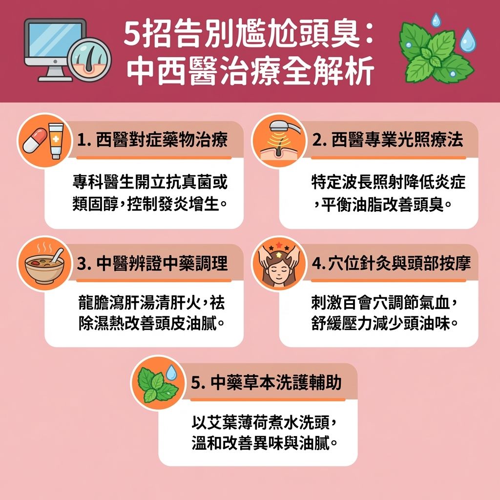 這是一張台灣健康部落格風格的 1:1 正方形資訊圖表,針對青春期頭皮味、壓力型頭皮臭及夏天頭皮流汗引發的洗頭後頭臭問題,提供中西醫的頭臭解決方法與改善頭皮異味指南。圖表強調,當環境濕度與高溫紫外線增加,皮脂腺與汗腺過度分泌油脂,容易促使馬拉色菌與細菌異常繁殖,引發頭皮發炎、角質代謝異常與頭皮屑。
為減少頭皮細菌滋生與預防頭皮出油,建議執行正確洗頭步驟與頭皮深層清潔。挑選合適的抑菌抗屑洗髮精、洗頭水及清爽的護髮素(可參考去油洗頭水推薦與頭皮去角質推薦),洗後務必用吹風機以冷溫風徹底吹乾頭髮。日常也需勤換枕頭套,做好毛囊炎護理保養與脂漏性皮炎護理,舒緩頭皮敏感並保護毛囊與髮根健康。
中醫則建議透過調整作息改善出油、飲食清淡改善體味(控制日常飲食)來應對壓力與荷爾蒙變化,避免荷爾蒙失調脫髮。搭配頭部按摩促進血液循環,由內而外調理,徹底告別頭皮異味困擾。