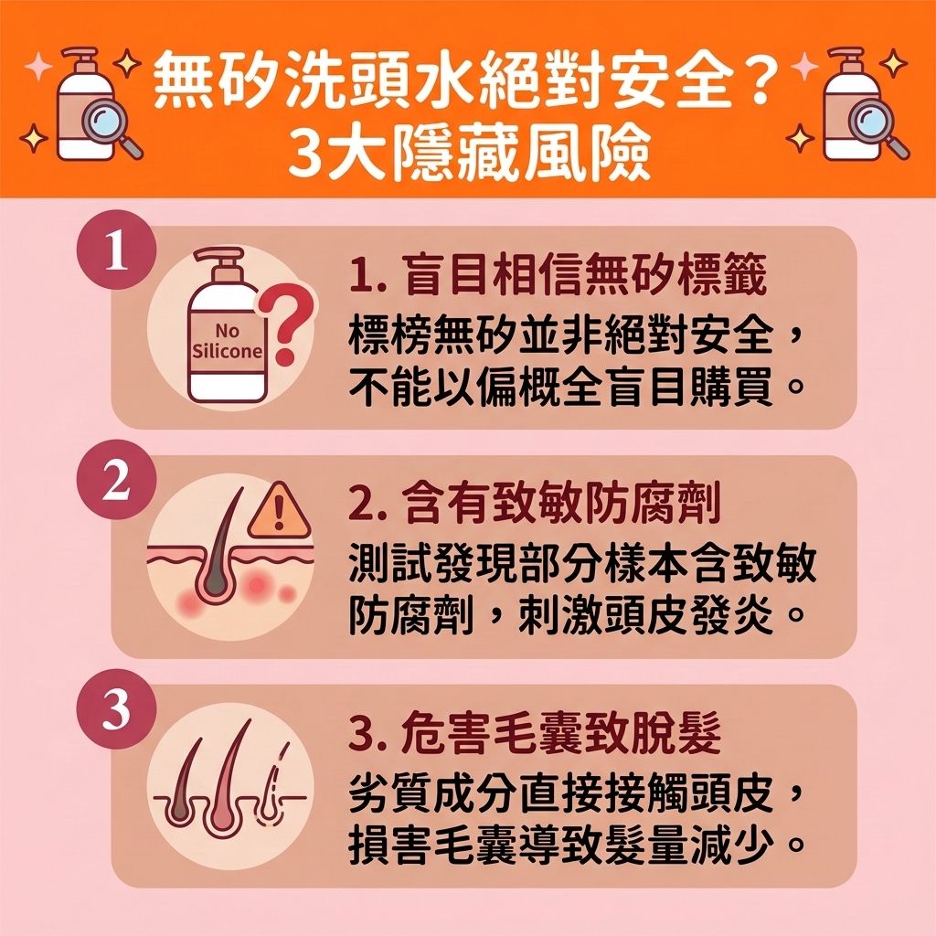 這是一張 1:1 正方形的可愛扁平化向量資訊圖表,以台灣健康部落格風格解析【無矽洗頭水】的隱藏危機。圖中指出,為了【解決頭皮痕癢】與【增加頭髮蓬鬆度】,許多人會避免使用含【矽靈】的【洗頭水】與【護髮素】。然而,若產品含有致敏防腐劑,會破壞【頭皮】的【角質層】與【毛鱗片】,不僅無法【深層清潔頭皮】與【清潔頭皮污垢】,反而會【引起頭皮敏感】,甚至導致【皮脂腺】異常,造成油脂【堵塞毛孔】。
這不但無助於【減少頭皮屑】與【舒緩頭皮發炎】,更會嚴重損害【毛囊】,讓【頭髮】提早結束【生長期】進入【休止期】,加劇【脫髮】危機。特別是當體內【荷爾蒙】異常轉化為【雙氫睪酮】並引發【雄性禿】時,更需慎選洗劑。
作為正確的【預防脫髮方法】,我們必須【溫和清潔頭皮】並做好【日常頭皮護理】以【改善頭皮環境】。在【選擇防脫髮產品】或優質的【防脫髮洗頭水】時,務必看清成分。日常透過按摩【促進頭皮血液循環】(維持良好【血液循環】),補充【蛋白質】與【氨基酸】,有助於【強健脆弱髮根】與【修復受損髮絲】。若要【改善頭髮稀疏】,可搭配【生髮水】來【刺激毛囊再生】與【延長生長週期】,才能擁有真正健康的濃密秀髮!