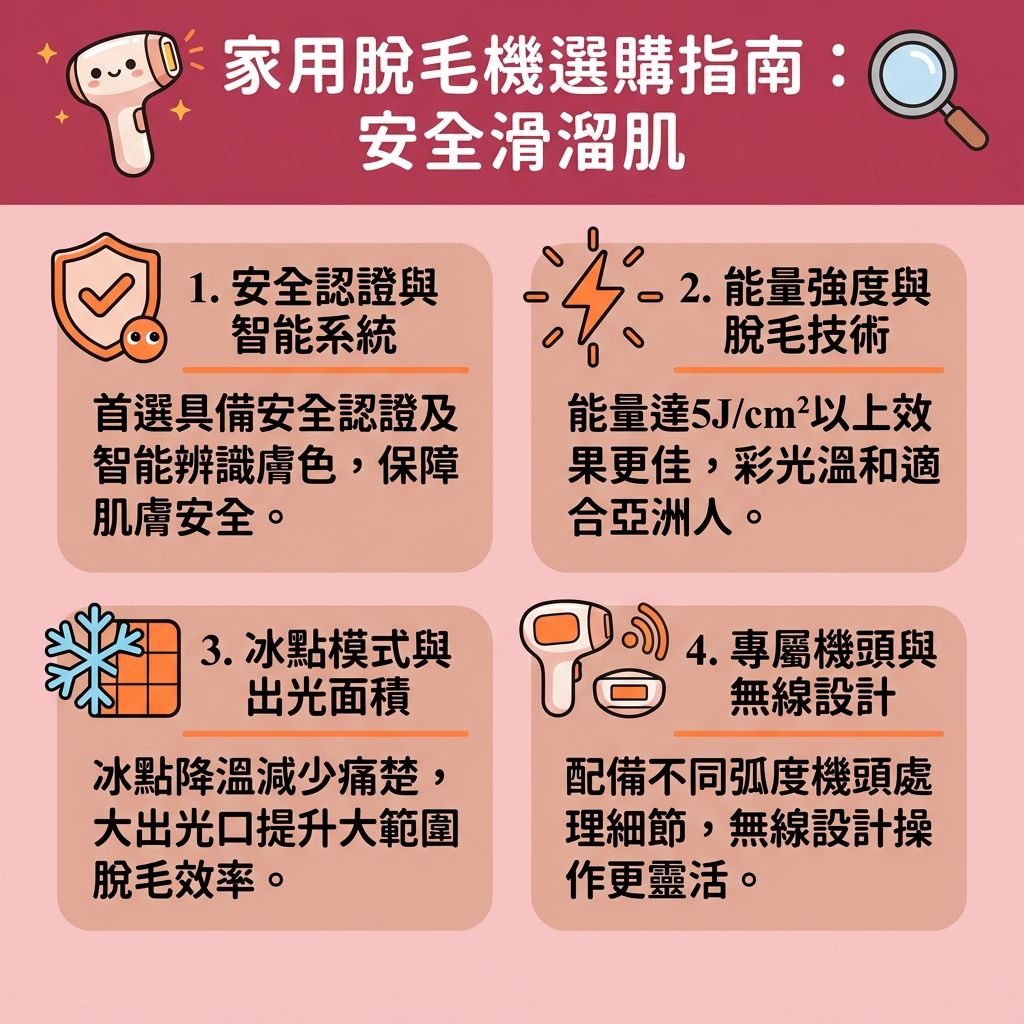 這是一張台灣健康部落格風格的 1:1 正方形資訊圖表,教導大家如何挑選合適的家用脫毛機。許多人為了方便,常使用剃刀(刮毛刀)、脫毛膏或蜜蠟來處理毛髮,但若忽略了剃毛正確步驟與定期進行剃毛刀片更換,很容易產生剃毛後遺症,例如弄傷皮膚與角質,導致炎症、紅腫,甚至引發舒緩剃毛紅腫與解決毛囊發炎的困擾。錯誤的順毛逆毛剃法也會讓人產生剃毛越剃越粗的錯覺,並造成預防毛孔粗大及改善毛髮倒生的難題。
為避免皮膚刮傷並減少色素沉澱(防止黑色素累積),家用脫毛機提供了另一種選擇。挑選時,無論是處理腋下、小腿、汗毛或進行私密處剃毛注意,都應留意機器是否適合敏感肌(尋找敏感肌脫毛方法)。選購時應注意機器的能量是否足以對付毛囊,以及是否需要專業醫生推薦的技術。
雖然家用機方便,但要達到理想的永久脫毛效果,許多人還是會選擇專業的激光脫毛推薦(激光療程)。無論使用哪種方法,剃毛前後護理都不可少。事前溫和去角質,事後塗抹潤膚霜來滋潤保濕皮膚,能有效舒緩痕癢不適,並幫助收細粗大毛孔(縮小面毛與身體的毛孔),還你白滑美肌。