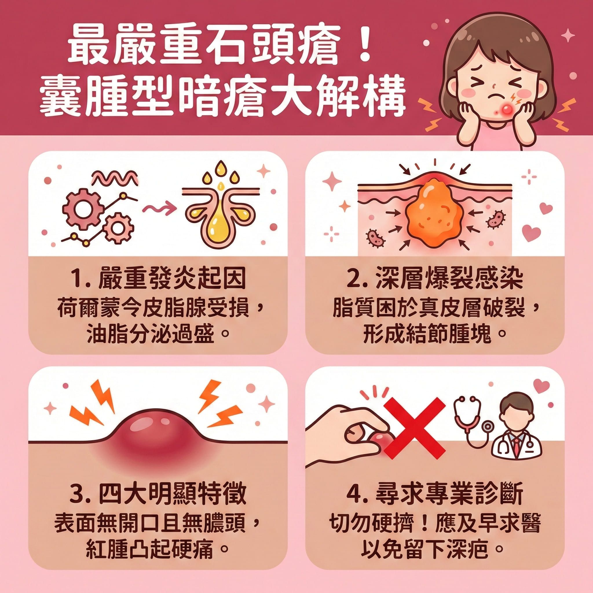 這是一張正方形的可愛扁平化醫學美容資訊圖表,深入分析最嚴重的囊腫型暗瘡(俗稱石頭瘡)。圖表指出,當荷爾蒙與內分泌失調時,會刺激皮脂腺異常活躍。若未能做好徹底卸妝與溫和潔面,過厚的角質層會導致毛囊與毛孔堵塞,令油脂無法排出。加上痤瘡桿菌滋生,引發深層感染與嚴重發炎,最終在真皮層破裂形成紅腫硬痛的結節。
圖表警告絕對要避免擠壓,以免破壞組織。若處理不當,極易留下難以撫平疤痕的凹凸洞及暗瘡印。正確處理方法應尋求皮膚科醫生作專業診斷,醫生可能會開立處方藥物(如抗生素、異維A酸、避孕藥,或局部注射類固醇)來調理內分泌、舒緩疼痛、消除紅腫、抑制油脂分泌及減少皮脂分泌。
在日常護理與後續治療上,圖表建議透過果酸換膚來疏通毛孔、修復皮膚屏障與改善粗糙膚質。為了長效預防復發、預防留疤,圖表強烈推薦體驗完美醫療的專業暗瘡分手療程,結合激光治療能有效促進新陳代謝並刺激膠原增生,從底層重塑健康平滑肌膚。