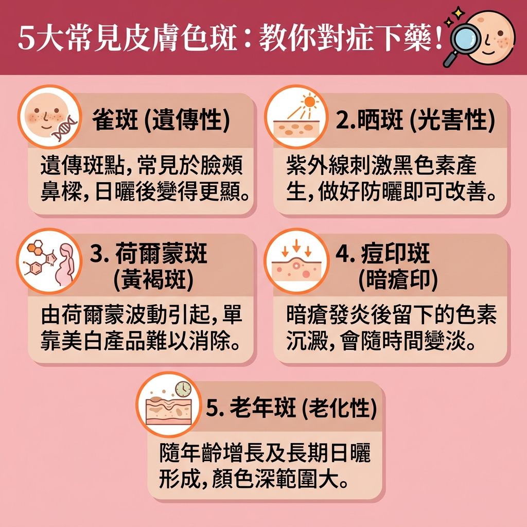 這是一張1:1的台灣健康部落格風格資訊圖表,詳細介紹5大常見的【色斑】種類。當肌膚受到紫外線刺激,【表皮層】與【真皮層】內的【黑色素細胞】會變得活躍,產生大量【黑色素】,進而形成【雀斑】、【太陽斑】、【老人斑】以及【黃褐斑】(即【荷爾蒙斑】)。
為了【阻截黑色素】並【預防色素沉澱】,我們必須採取正確的【物理防曬方法】並勤塗【防曬霜】,以【防止肌膚老化】。日常保養可使用含有【傳明酸】、【煙酰胺】、【熊果素】或【果酸】的【護膚品】與【美白精華】。這些成分能【抑制酪氨酸酶】的活性,幫助【抵抗自由基】、【促進新陳代謝】、【去除老廢角質】與【修復受損肌膚】,從而有效【淡化色斑】、【改善暗沉肌膚】、【改善膚色不均】,達到【提亮膚色】與【均勻膚色】的效果。
若要徹底【解決色素沉澱】,尋求專業的【去斑療程推薦】是最佳途徑。例如進行【皮秒激光】等【美白去斑療程】,不僅【激光去斑效果】極為顯著,更能精準【擊碎深層黑色素】,其光熱效應更能【刺激膠原增生】(喚醒肌底的【膠原蛋白】),讓你重拾健康無瑕的白滑肌膚。
