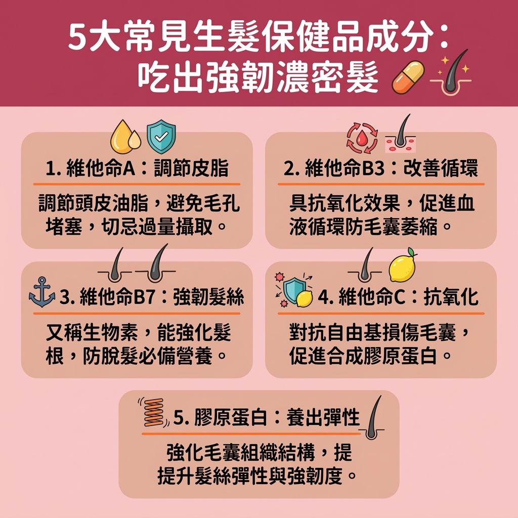 這是一張台灣健康部落格風格的 1:1 正方形資訊圖表,主要探討女士異常脫髮的六大成因,並提供解決掉髮問題的建議。圖表指出遺傳會導致雄性禿,日常荷爾蒙失調與新陳代謝變慢會影響血液循環。當缺乏關鍵營養素如蛋白質、鐵質、鋅、維他命、葉酸與生物素時,會令毛囊與頭皮受損。
為了改善頭髮稀疏及改善頭髮變幼,圖表建議進行頭皮營養補充,攝取含有氨基酸、膠原蛋白與角蛋白的食物或生髮營養補充品。市面上有許多生髮保健品推薦,例如含有魚油與鋸棕櫚的雄性禿保健食品,能發揮優異的生髮丸成效,幫助改善毛囊萎縮並延長毛髮生長期。
對於產後婦女,補充足夠的產後脫髮營養及防脫髮維他命,能有效減少掉髮數量並預防髮線後移。正確補充頭髮角蛋白與修復受損髮質,是強化髮根健康、保護髮根與促進頭髮生長的關鍵。同時,調整作息有助於舒緩壓力脫髮,最終達致增加頭髮厚度的效果。