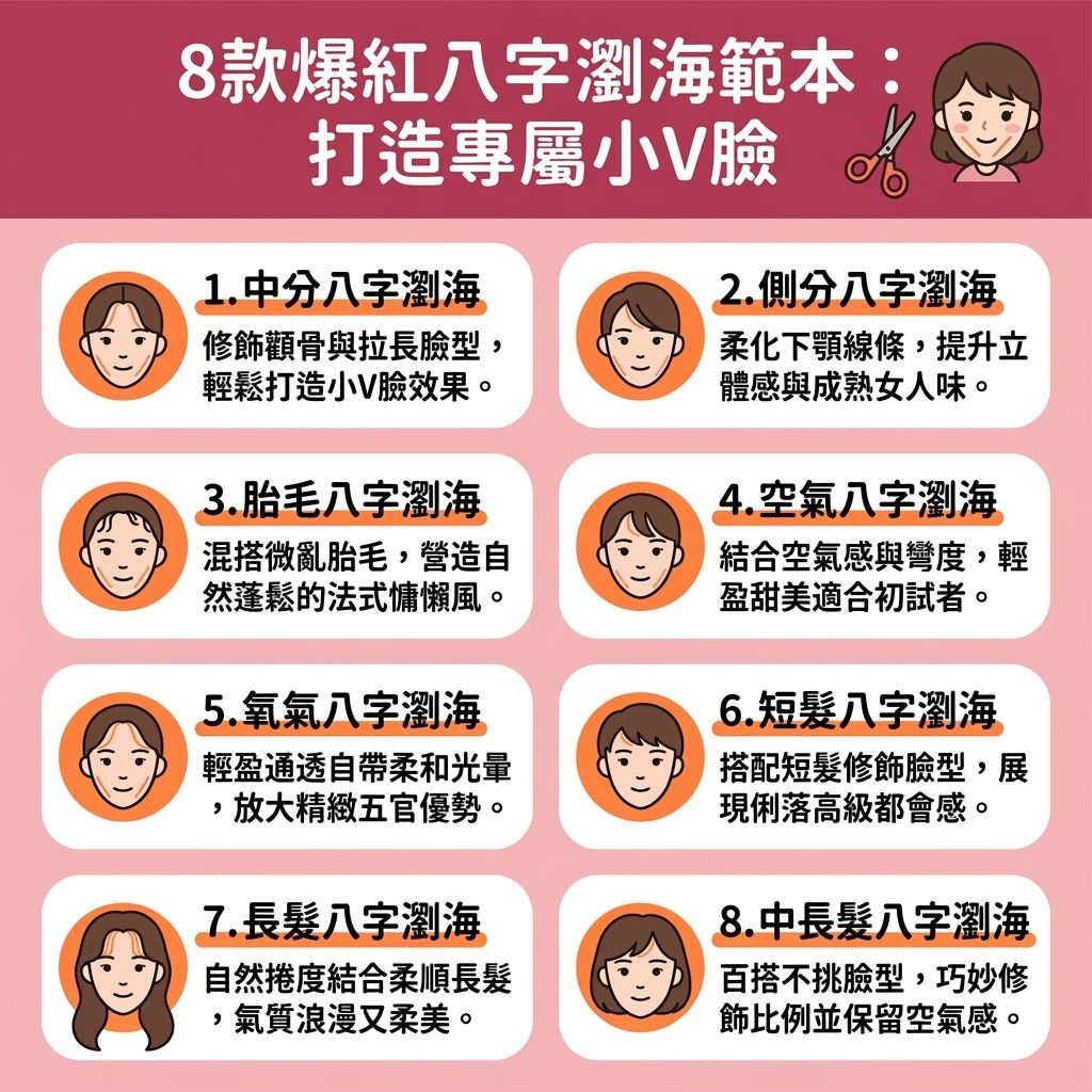 這是一張台灣健康部落格風格的 1:1 正方形資訊圖表,主題為韓系八字瀏海圖鑑與慵懶風髮型推薦。圖表詳細圖解了八字瀏海適合臉型,教你如何利用完美的弧度與層次來修飾臉型。無論你是圓臉、方臉還是長臉,都能找到顯瘦減齡瀏海推薦。特別是圓臉顯瘦八字瀏海,能巧妙作為隱藏寬額頭瀏海遮擋額頭與髮際線,同時也是極佳的修飾高顴骨髮型與修飾咀嚼肌髮型,完美柔化顴骨至下巴的線條。
圖表探討了八字瀏海法式瀏海分別,並提供實用的八字瀏海整理技巧與八字瀏海過渡期整理指南。想要在家進行八字瀏海自己剪,可參考圖中的八字瀏海剪法教學;若去髮廊尋求專業燙髮,則能獲得持久的八字瀏海燙髮效果。
在日常造型上,學習捲髮器整理瀏海與直髮夾整理瀏海,從髮根到髮尾打造豐盈髮量,能有效增加髮根蓬鬆度。搭配適當的定型噴霧掌握八字瀏海定型方法,能讓髮絲更持久。無論是展現浪漫的八字瀏海長髮造型,還是俐落的八字瀏海短髮搭配,這些絕佳的髮型範本都能讓你輕鬆駕馭。