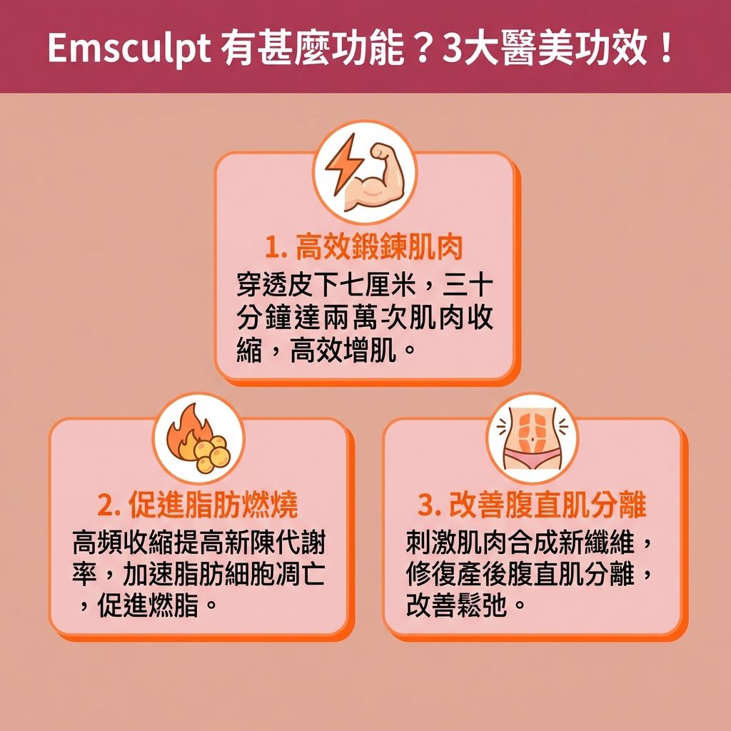 這是一張1:1正方形的台灣健康部落格風格資訊圖表,詳細解說【醫學美容】界大熱的【醫療儀器】功能。針對想要【塑造身體線條】與尋求【產後修身方法】的【產後婦女】,圖表介紹了這款【無創修身療程】。它採用先進的【高強度聚焦電磁技術】(【電磁波】),透過【被動式運動】深入觸發【運動神經元】,深層【刺激肌肉收縮】。
這種【非入侵性治療】能有效【增加肌肉密度】與【提升肌肉質量】(增加【肌肉】與粗大【肌纖維】),特別針對【腹部】的【核心肌群】與【臀大肌】。除了能【強化核心力量】、【收緊腹部線條】以練出【馬甲線】,還能【提升臀部輪廓】打造【蜜桃臀】。療程在消耗【脂肪】的過程中會產生【乳酸】,並加速【新陳代謝】與【提升基礎代謝】(提高【基礎代謝率】),促使【脂肪細胞】凋亡,從而【減少脂肪細胞】、【消除局部贅肉】並【燃燒頑固脂肪】。
這項【增肌減脂療程】不僅能幫助你【突破減肥停滯期】,更是【改善腹直肌分離】與【改善肚皮鬆弛】的利器。配合均衡飲食補充【蛋白質】與【膠原蛋白】,能完美修復【腹直肌】,讓你輕鬆重拾健康與自信美態。