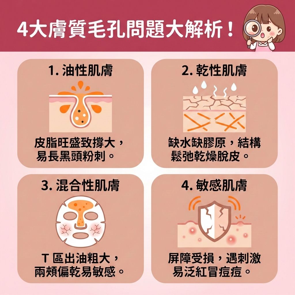 這是一張台灣健康部落格風格的正方形醫美資訊圖表,深入分析四種膚質的毛孔問題。對於油性肌膚,活躍的皮脂腺會分泌大量油脂,若未深層清潔皮膚與溫和潔淨肌膚,過厚的角質層會導致堵塞,形成黑頭、粉刺及暗瘡。此時可使用含水楊酸或果酸的泥膜來去除老廢角質、溶解堆積油脂並疏通堵塞毛孔,有效控制油脂分泌與減少黑頭粉刺。
對於乾性肌膚,缺乏水分與膠原蛋白會加速衰老。正確使用含煙酰胺的精華液與爽膚水等護膚品,能促進膠原增生、提升肌膚彈性,從而緊緻粗大毛孔並延緩肌膚老化。混合肌則需要分區保養以調節水油平衡,這有助於改善粗糙膚質及提亮暗沉膚色。
敏感肌若亂用收毛孔產品易導致發炎,必須專注於增強皮膚屏障與修復受損組織,以舒緩紅腫發炎。若問題嚴重,應尋求皮膚科醫生協助。圖表強烈推薦完美醫療的醫學美容項目,如激光去印療程與「暗瘡分手療程」,助您實現長效預防復發的無瑕美肌!