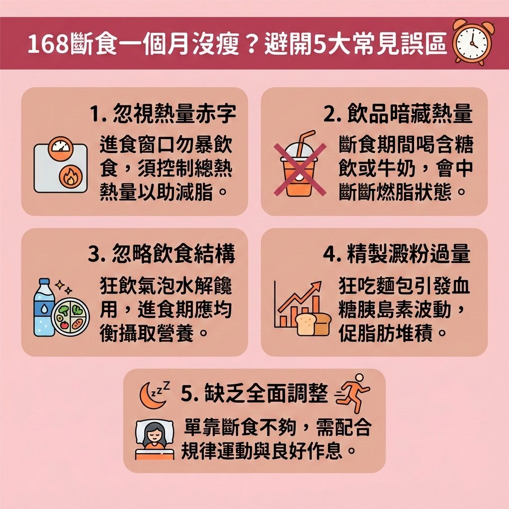 這是一張採用台灣健康部落格風格的 1:1 正方形扁平化向量資訊圖表插畫,背景採用柔和的淺粉紅色。圖表詳細剖析了168斷食無效原因,提醒大家在執行間歇性斷食或168斷食時應避開的5大誤區。
首先,減重的核心是創造熱量赤字,在進食窗口必須控制熱量攝取,否則脂肪細胞依然會膨脹。若想突破減肥停滯期、作為極佳的減大肚腩方法,必須調節飲食結構,搭配減脂增肌飲食,多攝取優質蛋白質與膳食纖維,減少精緻碳水化合物,以免引起血糖和胰島素劇烈波動。這不僅能穩定內分泌與荷爾蒙,還能促進腸胃蠕動與幫助排毒清腸宿便。
在斷食期間,應避免隱藏熱量飲品以延長燃脂時間。配合運動與良好作息能改善睡眠質素,減少水腫,並維持肌肉量,有效提升基礎代謝、新陳代謝及整體的基礎代謝率,真正幫助燃燒深層脂肪、減少內臟脂肪,達到消除腹部贅肉、改善中央肥胖,最終降低體脂比例與體脂率,成功預防脂肪積聚並打造易瘦體質。
若配合飲食控制後仍想追求更完美的體態,醫學美容是理想輔助。透過專業的局部減脂療程與無創減脂技術,加上精準的醫美定位修形,能安全高效地為您雕塑理想曲線!