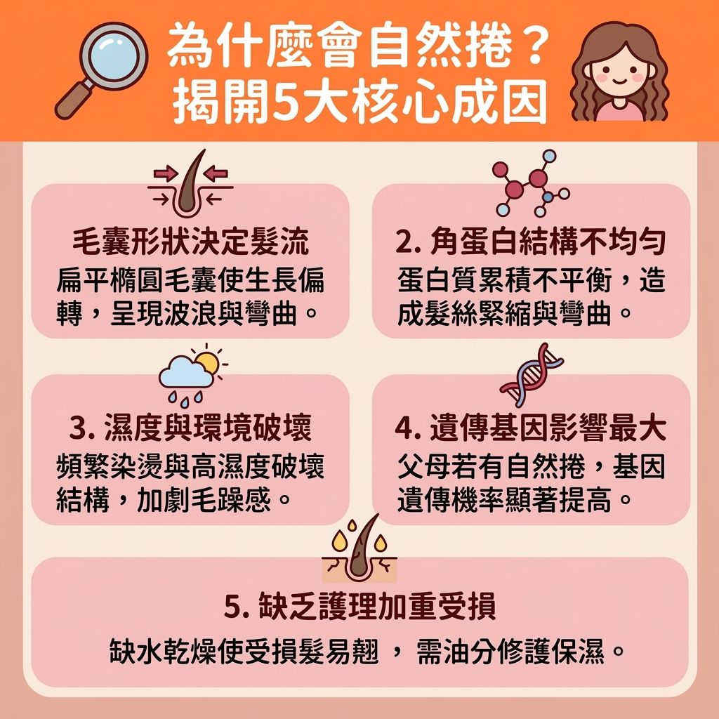 這是一張台灣健康部落格風格的 1:1 資訊圖表,主要探討遺傳性自然捲的成因與實用的自然捲改善方法。圖表解釋了基因與毛囊形狀如何影響自然捲的生成,並指出當角蛋白(一種關鍵蛋白質)分佈不均時,會直接改變整體髮質。
針對台灣與香港常見的高濕度引起的毛躁,圖表分享了頭髮抗潮濕保養與居家護髮技巧。要改善頭髮蓬鬆與撫平毛躁頭髮,建議挑選適合的自然捲洗頭水洗淨頭皮,搭配護髮素、髮膜及護髮油進行髮絲深層滋潤與頭髮保濕修復。這能有效補充水分,幫助毛鱗片閉合護理,保護脆弱的毛鱗片,達到完美的鎖水抗毛躁與減少頭髮靜電效果。
在髮型設計上,圖表提供了自然捲適合髮型與自然捲短髮剪法的建議,並教授實用的直髮夾造型教學。巧妙使用直髮夾與梳子,配合吹頭正確姿勢操作吹風機,能輕鬆完成髮尾內彎整理(針對乾燥的髮尾)。若追求極致柔順,可體驗帶有負離子功能的工具,享受絕佳的負離子直髮效果。如果想徹底改變,圖表建議可以考慮去專業髮廊進行縮毛矯正推薦療程或結構式護髮療程,全面解決毛躁煩惱。