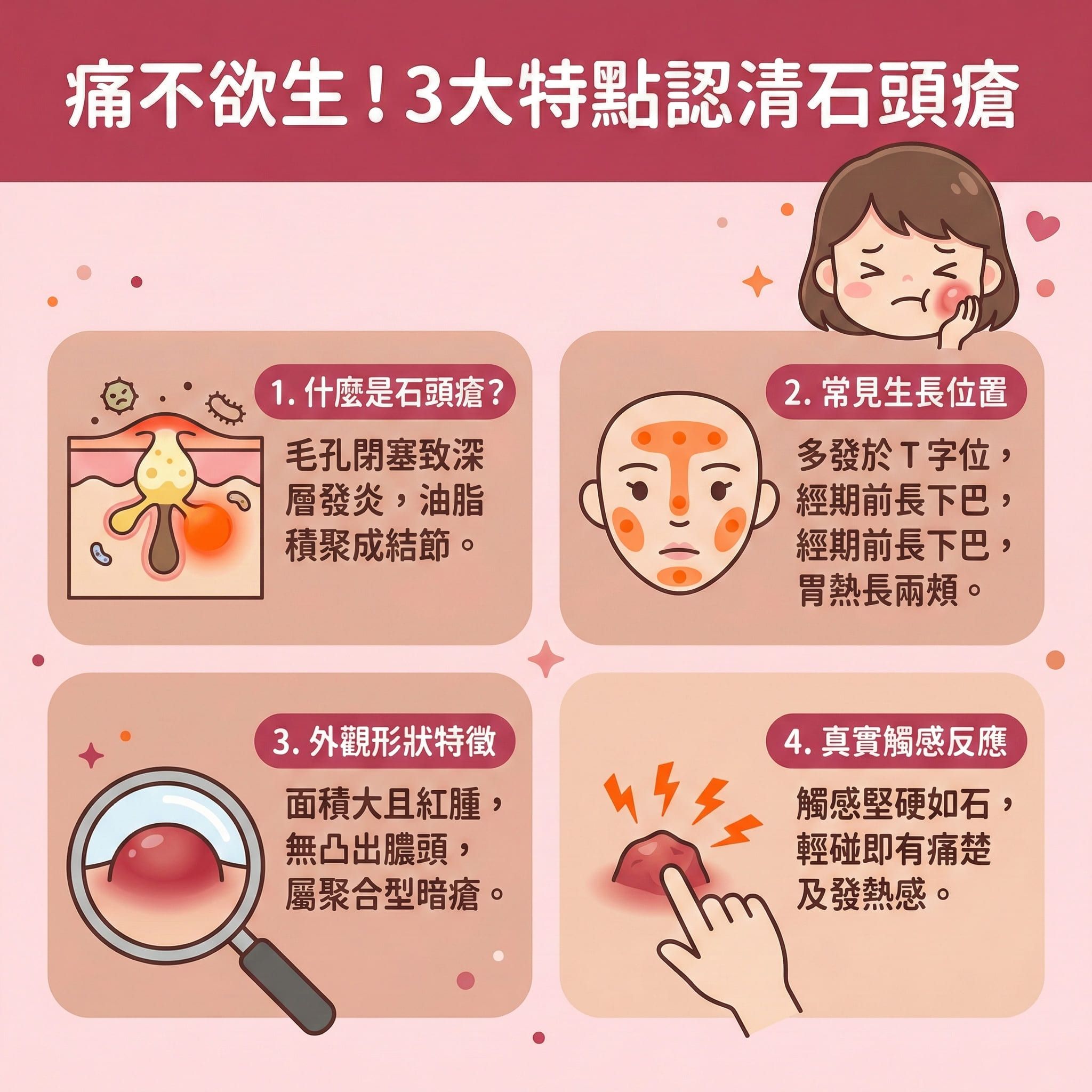 這是一張正方形扁平化的醫美資訊圖表,主要介紹石頭瘡(即囊腫型暗瘡)的特點。圖表說明當荷爾蒙與內分泌失調時,皮脂腺會異常活躍。若缺乏溫和潔面及深層清潔,毛囊堵塞會導致痤瘡桿菌在真皮層大量繁殖,引發深層感染與嚴重發炎,形成紅腫硬痛的結節與膿疱。
圖中警告絕對要避免擠壓,否則極易留下凹凸洞和暗瘡印。建議尋求皮膚科醫生作專業診斷,必要時使用處方藥物(如抗生素、避孕藥、類固醇)來調理內分泌、消炎殺菌與消除紅腫。
日常護理需疏通毛孔、抑制油脂分泌、減少皮脂分泌及修復皮膚屏障。為了預防留疤與撫平疤痕,圖表推薦結合果酸換膚與激光治療來改善粗糙膚質及刺激膠原增生。最後強烈推薦體驗完美醫療的專業暗瘡分手療程,長效預防復發,重獲平滑健康肌膚。