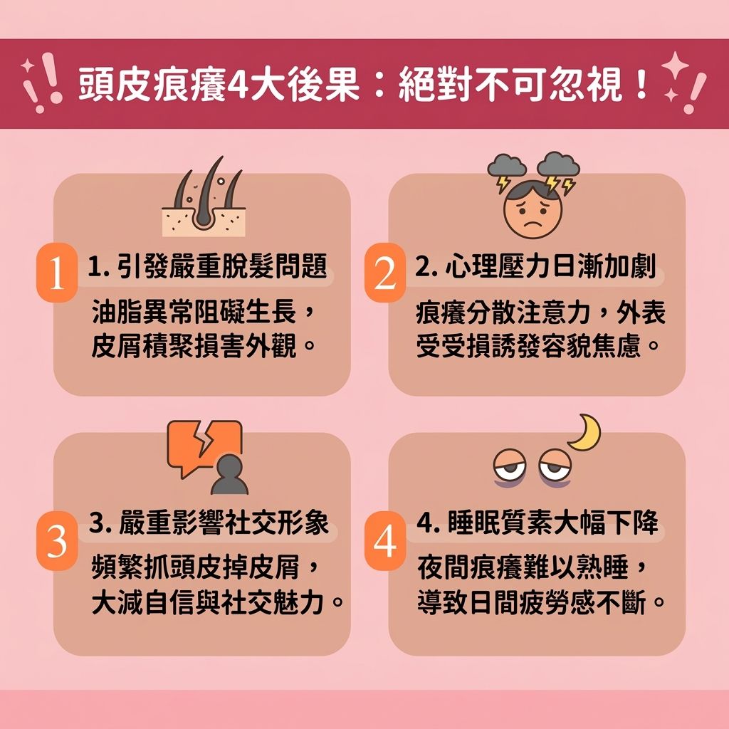 是一張 1:1 扁平化醫美資訊圖表,介紹頭皮痕癢的後果與【日常頭髮護理】。圖中指出,頻繁抓癢會損害【頭皮】,甚至影響剛做完【直療】或【負離子】的【髮質】。若不當使用【夾板】的【熱力】或【藥水】,會流失【水分】、【蛋白質】、【氨基酸】與【角蛋白】,使【髮絲】與【髮尾】的【毛鱗片】受損。
為了【修復受損髮質】與【改善天生鬈髮】,我們必須【溫和改變髮質】並【降低藥水刺激】。日常使用【洗頭水】後,配合【護髮素】與【髮膜】進行【鎖水保濕護理】。這不僅能【補充頭髮營養】(提供【營養】)、【滋潤乾燥髮尾】,更能有效【撫平毛鱗片】、【改善頭髮毛躁】與【解決頭髮打結】。
這些【染燙後續保養】步驟能【鞏固頭髮結構】、【防止頭髮斷裂】,並【減少熱力傷害】。健康的頭皮與髮絲不僅能【延長直髮壽命】、維持【柔順直髮效果】,更能【改善頭髮扁塌】。最終大幅【提升髮絲彈性】(增加【彈性】)及【增加頭髮光澤】(恢復【光澤】),讓您免受痕癢與毛躁困擾,重拾自信!