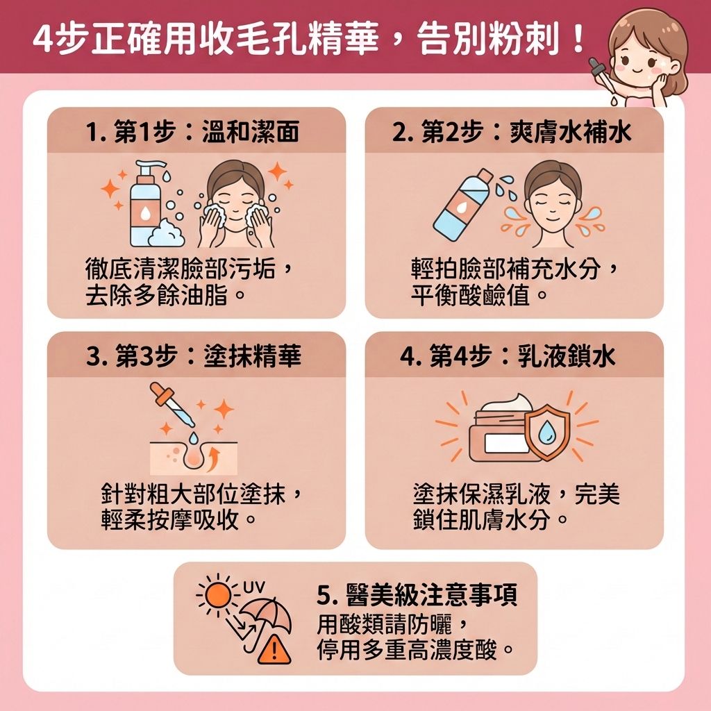 這是一張台灣健康部落格風格的醫美資訊圖表,教導大家如何正確使用收毛孔精華。圖表指出對於油性肌膚,若皮脂腺過度活躍分泌油脂,容易造成堵塞,形成黑頭、粉刺及暗瘡。第一步必須溫和潔淨肌膚與深層清潔毛孔,第二步則透過透明質酸等護膚品來調節水油平衡。
圖表重點介紹第三步,塗抹含水楊酸、果酸或煙酰胺的精華,能溶解堆積油脂、去除老廢角質並疏通堵塞毛孔,有效減少黑頭粉刺。這不僅能緊緻粗大毛孔(收細毛孔),更幫助控制油脂分泌與提亮暗沉膚色。隨著衰老,角質層變厚且彈性纖維流失,正確保養能促進膠原增生、補充膠原蛋白,從而提升肌膚彈性並延緩肌膚老化。
第四步需注意保濕以增強皮膚屏障與修復受損組織,達到改善粗糙膚質與舒緩紅腫發炎的效果。若有嚴重問題,應停用酸類並諮詢專業皮膚科醫生。圖表最後強烈推薦完美醫療的專業醫學美容項目,如激光去印療程與皇牌「暗瘡分手療程」,助您實現長效預防復發的無瑕美肌!