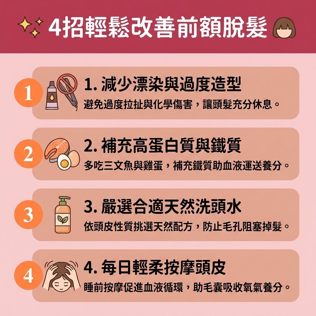 這是一張 1:1 正方形的扁平化向量資訊圖表插畫,採用台灣健康部落格風格,教您如何面對【脫髮早期先兆】與進行【髮線後移治療】。無論是探討【女性脫髮原因】還是【男性脫髮危機】,當體內【荷爾蒙】(如【睪酮】)異常轉化為【雙氫睪酮】時,會無情攻擊【前額】與【額角】的【毛囊】,引發嚴重的【雄性禿】與【脫髮】,導致【髮線】不斷後退。
圖表提供了4大【預防脫髮方法】來幫助【解決前額脫髮】與【改善頭髮稀疏】。首先,挑選合適洗髮水以維持【皮脂腺】正常的【頭皮油脂分泌】,【改善頭皮環境】。其次,透過每日按摩【頭皮】來促進【血液循環】。飲食上多補充【蛋白質】,有助於【強健脆弱髮根】、【延長生長週期】並【促進頭髮生長】。
若想進一步【刺激毛囊再生】及【增加頭髮密度】,除了塗抹含【米諾地爾】的【生髮水】、服用【非那斯特萊】,或利用【鋸棕櫚】進行【鋸棕櫚防脫髮】以【抑制男性荷爾蒙】外;也可考慮能【激活休眠毛囊】的【專業生髮療程】或先進的【植髮】手術。若偏好不需動刀的選項,配戴【織髮】或【假髮】這類【無創增髮技術】也是完美【遮蓋地中海】的好方法,助您重拾豐盈秀髮!