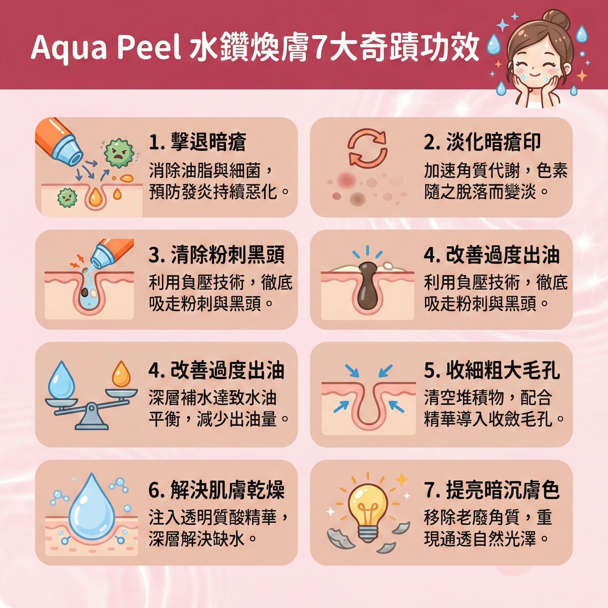 這是一張正方形扁平化設計的台灣健康部落格風格資訊圖表,詳細解說醫學美容界極受歡迎的水鑽煥膚療程。圖表展示了該療程如何透過負壓技術結合水楊酸與果酸,進行溫和去角質並深層清潔毛孔。畫面中,皮膚的表皮層與角質層上的老廢角質被輕柔吸走,達到無痛清黑頭的效果。此過程能深入皮脂腺,溶解底層油脂,有效控制油脂分泌,從而預防毛孔堵塞並減少粉刺增生,完美解決黑頭、粉刺與暗瘡問題。
接著,圖表描繪了療程如何注入保濕精華與透明質酸等精華液,為肌膚補充肌膚水分。這不僅能舒緩紅腫發炎、修復受損屏障,連敏感肌也適用。水分充足後,有助於促進新陳代謝與加速細胞更新,並刺激膠原增生,補充膠原蛋白,從而提升皮膚彈性、收細毛孔,讓毛孔暢通無阻,並改善粗糙膚質。同時,這能提亮暗沉膚色、均勻膚色。建議尋求皮膚科醫生的專業意見,圖表最後推薦體驗完美醫療的專業暗瘡分手療程,從根源改善膚質,實現長效預防復發。