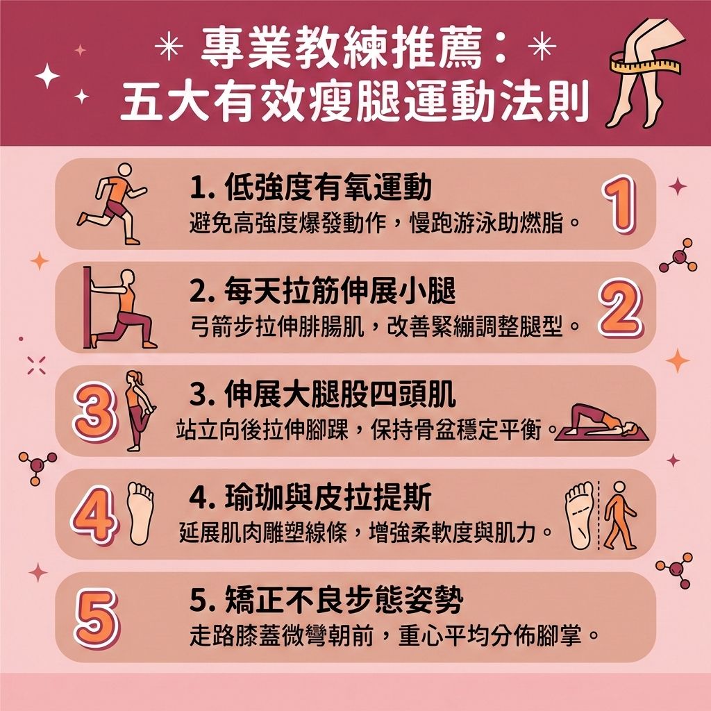 這是一張 1:1 正方形的扁平化向量資訊圖表插畫,嚴格採用台灣健康部落格懶人包風格。圖表以可愛、具教育性與醫美感的方式解析「專業教練推薦:五大有效瘦腿運動法則」,底部保持純淨無字並無縫應用背景色。
內容詳細解析絕佳的減肌肉腿方法,教您如何改善粗壯小腿與大腿問題。日常中常穿高跟鞋或避免久站久坐等不良習慣,容易導致乳酸堆積、肌肉纖維與筋膜緊繃,甚至影響淋巴系統與血液循環,造成皮下脂肪與脂肪細胞大量囤積。
圖中建議減少高強度的無氧運動與過度阻力訓練,並控制蛋白質攝取,以免肌肉過度生長。相反地,應多做低強度的有氧運動來消耗卡路里。針對小腿的腓腸肌與比目魚肌,每日進行拉筋伸展運動能舒緩腿部肌肉、放鬆緊繃肌肉並減少肌肉充血。這不僅是絕佳的消除蘿蔔腿策略,還能促進血液循環與排毒去水腫,有效消除下肢水腫。
圖表同時強調矯正走路姿勢與步姿,穩定骨盆位置,這是改善腿部線條與塑造筆直長腿的根本。若想更快速打擊頑固脂肪與進行局部減脂,圖表側邊醫美專欄提示,可透過專業的醫美瘦小腿療程(如注射肉毒桿菌或瘦腿針)來縮小過度發達的肌肉,或結合無創溶脂技術,全方位雕塑完美腿部比例!