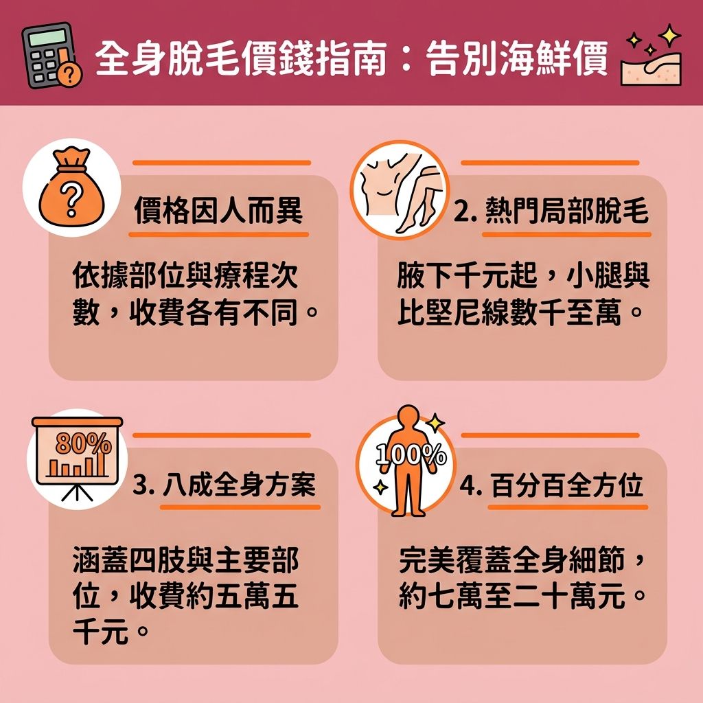 這是一張關於脫毛價錢收費與全身激光脫毛的資訊圖表。圖表詳細解說了全身脫毛的選擇,提醒大家尋找專業脫毛中心與專業醫生的重要性。選擇正確的無痛脫毛推薦,了解激光脫毛原理,能有效利用激光破壞毛囊內的黑色素,達到永久脫毛效果。比起傳統使用剃刀、蜜蠟或脫毛膏,激光能避免拔毛後遺症,如炎症與毛孔粗大,並免受蜜蠟脫毛痛楚與避免皮膚灼傷。
圖表涵蓋了各部位如腋下、手臂、小腿、比堅尼位及私密處的療程價格。針對臉部的面毛與唇毛,有特別的面部脫毛注意事項。為了達到最佳效果並減少色素沉澱,需要注重脫毛前後護理及私密處脫毛保養。日常配合溫和去角質以清除老廢角質,能有效改善毛髮倒生與解決毛囊發炎。此外,挑選適合脫毛季節進行療程,並留意脫毛療程次數,能順利舒緩脫毛紅腫,保護皮膚免受傷害,同時這也是極佳的腋下美白方法,讓毛髮
