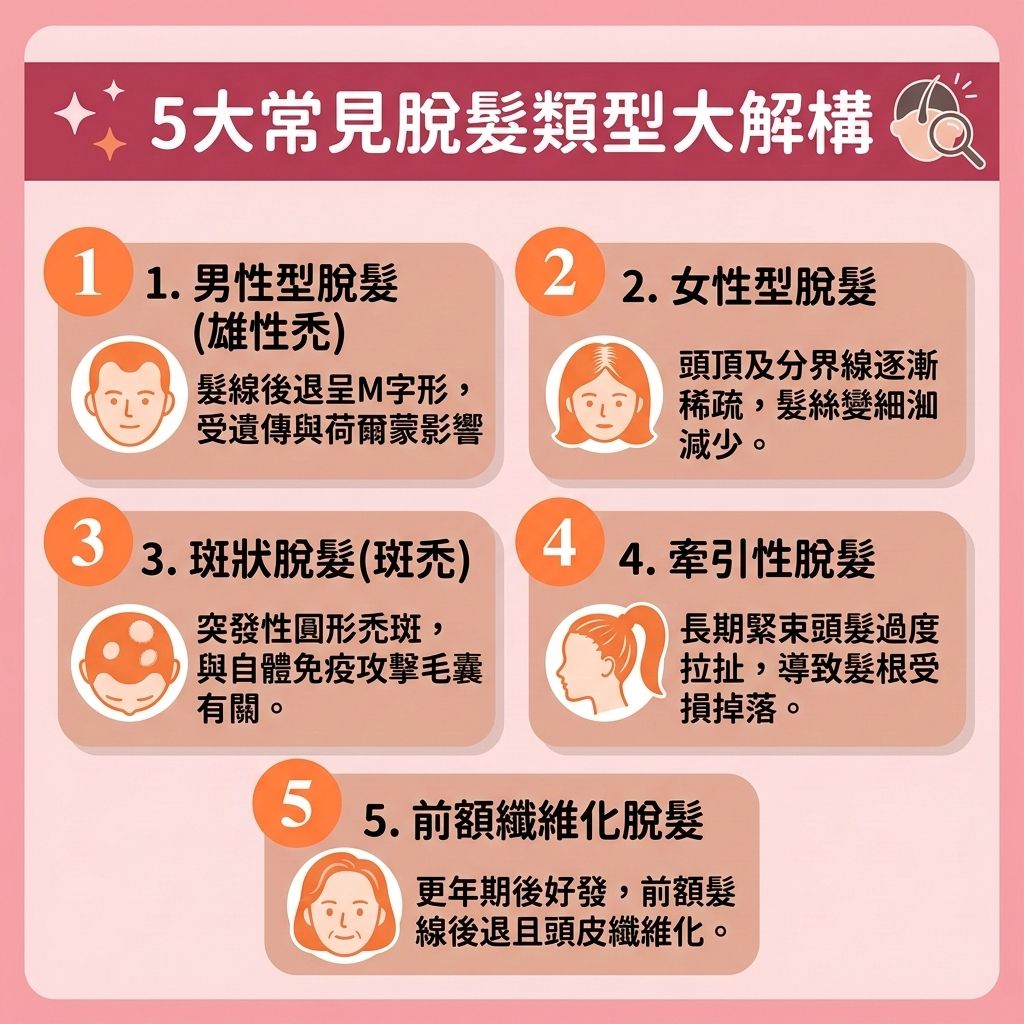 這是一張 1:1 正方形的可愛扁平化向量資訊圖表,採用台灣健康部落格風格,詳細圖解5大【脫髮】類型與【預防脫髮方法】。圖表指出,因遺傳或【產後脫髮成因】影響,體內【睪酮】等【荷爾蒙】會轉化為【雙氫睪酮】,無情攻擊【毛囊】並擾亂【皮脂腺】,縮短頭髮的【生長期】並提早進入【休止期】。這會引發嚴重的【雄性禿】,導致【頭皮】外露與【斑禿】,甚至因發炎引發【頭瘡】。
為了【改善頭髮稀疏】並【解決前額脫髮】,圖中建議日常必須【選擇防脫髮產品】如優質的【防脫髮洗髮露】,進行【頭皮深層清潔】以【改善頭皮環境】。同時,需維持良好的【血液循環】來【促進頭皮血液循環】,並【補充頭髮營養】,攝取充足的【蛋白質】、【鐵質】、【鋅質】、【維他命】與【角蛋白】。
若要【改善髮線後移】並【減少掉髮數量】,可以使用含藥效的【生髮水】來【抑制男性荷爾蒙】。對於嚴重的掉髮,尋求【專業生髮療程】能有效【強健脆弱髮根】、【延緩毛囊萎縮】、【激活休眠毛囊】並【刺激毛囊再生】。這些對策能【延長生長週期】、【增加頭髮密度】,若最終毛囊已徹底損壞,