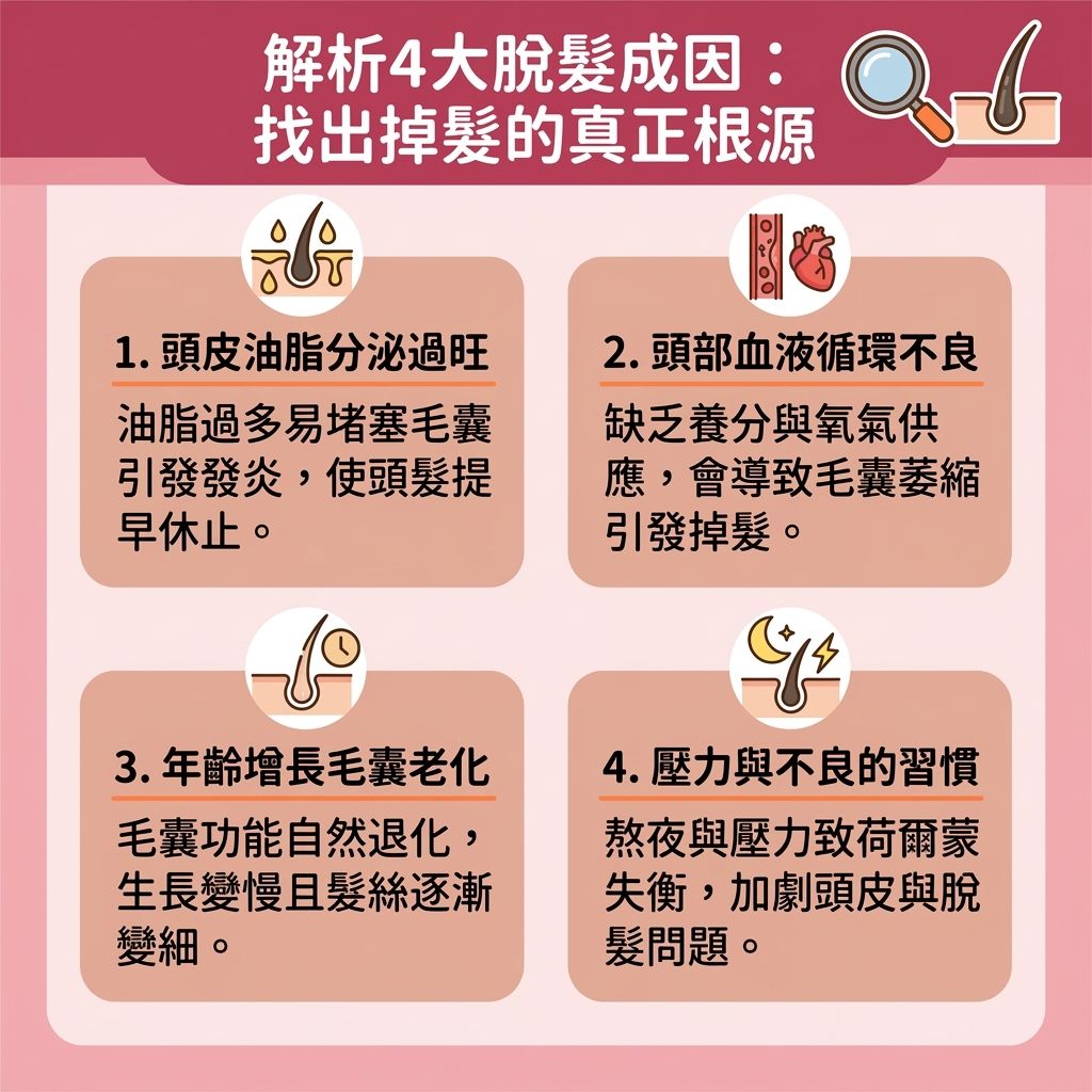 這是一張台灣健康部落格風格的 1:1 正方形資訊圖表,詳細圖解4大脫髮原因及有效的居家生髮秘訣與秘方。圖表指出,不良的荷爾蒙波動與新陳代謝變慢會影響頭皮微循環,引發炎症,進而損害毛囊與髮根的深層細胞。為解決頭髮稀疏並預防髮線後移,我們需要積極改善頭皮微環境並抑制頭皮發炎。
許多人尋求專業的雄性禿脫髮治療來對付雄性禿,或尋找改善產後脫髮的對策。透過促進頭皮血液循環(改善血液循環),能有效修復受損毛囊。現今熱門的抗衰老生髮療程常運用外泌體、幹細胞與生長因子,並結合藍銅勝肽、煙醯胺單核苷酸、氨基酸與抗氧化劑等營養,來激活毛囊細胞並延緩頭皮衰老。
這些專業成分能有效刺激毛囊生長、喚醒休止期毛囊,並能促進膠原蛋白增生(補充流失的膠原蛋白),從而強化髮根健康與增強髮絲韌度。在專業醫生的指導下,這些方法能幫助延長毛髮生長期,最終達到減少掉髮數量並增加頭髮密度的目標。