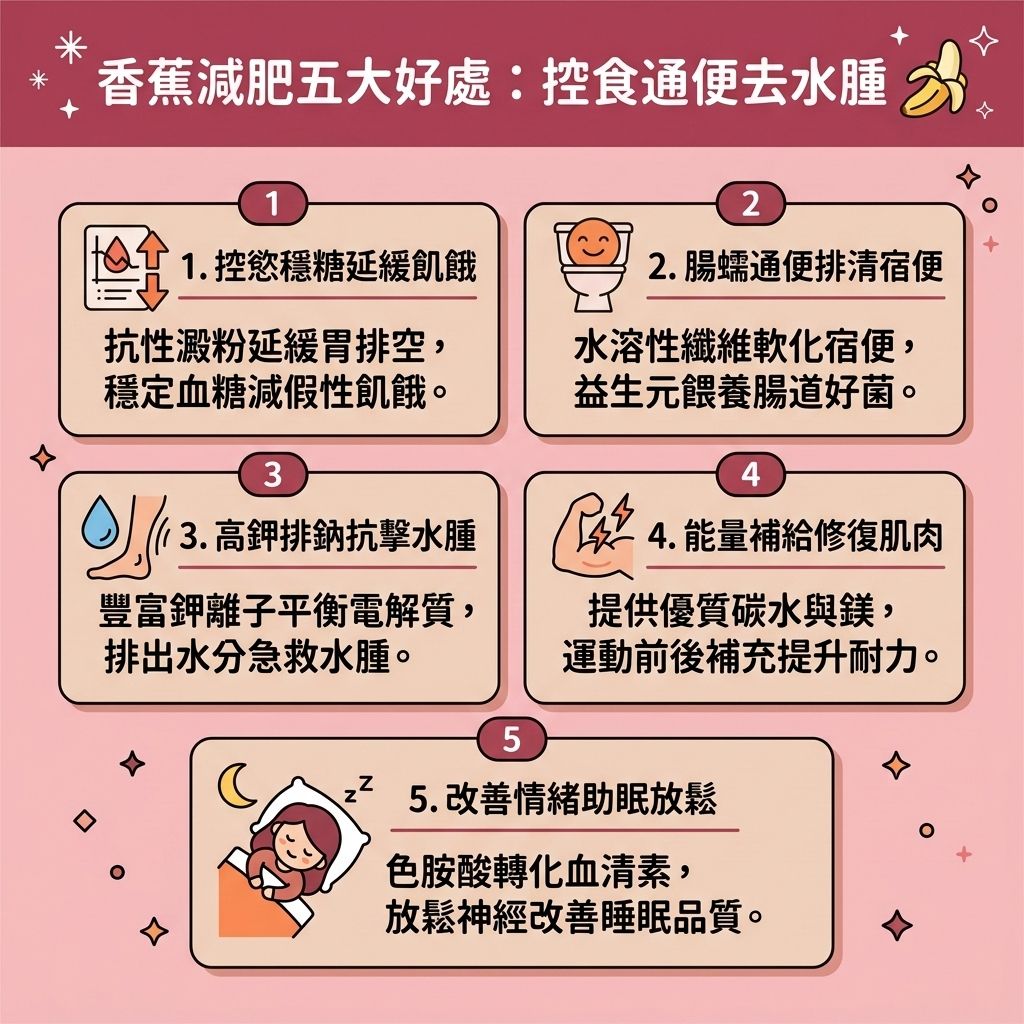 這是一張 1:1 正方形的扁平化向量資訊圖表插畫,介紹香蕉減肥法。建議早餐吃香蕉並納入健康減重餐單,能改善飲食習慣並精準控制熱量攝取。香蕉富含抗性澱粉與水溶性纖維,能延長飽足時間增加飽足感,減少卡路里攝入。它能滋養腸道益生菌,保護消化系統,促進腸胃蠕動並有效排毒清腸宿便。香蕉含有豐富的鉀離子與維他命,能幫助平衡電解質,消除下肢水腫與改善整體水腫困擾。
香蕉的低GI特性有助穩定血糖水平,控制血糖與胰島素分泌。內含的物質能轉化為血清素與褪黑激素,有助於提升睡眠質素,進而提升基礎代謝與整體的基礎代謝率,加速新陳代謝。這些好處能減少脂肪囤積,燃燒深層脂肪,精準打擊皮下脂肪、內臟脂肪與頑固脂肪,全面降低體脂比例與體脂率。
透過上述機制,能順利突破減肥停滯期,輕鬆打造易瘦體質。若想進一步雕塑身型,圖表側邊推薦結合醫學美容的無創減脂技術與局部減脂療程。透過專業的溶脂科技進行醫美定位修形,全方位雕塑您的健康完美曲線!