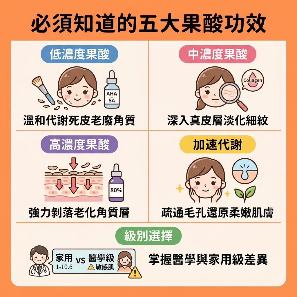 這是一張正方形 1:1 的現代醫療健康資訊圖表(Infographic),採用扁平化設計及帶有日系/台系可愛卡通感的 2D 向量插畫風格。背景採用柔和純色 #FF8C42,版面以彈性網格排版,用淺色直線清晰劃分為 5 個方格。圖表全面解析果酸的神奇功效。
第一格展示低濃度果酸(涵蓋水楊酸、杏仁酸、甘醇酸及乳酸),插圖為可愛女生進行溫和煥膚療程,幫助去除老廢角質與溶解油脂污垢,解決角質層過厚問題,有效改善粗糙膚質及提亮暗沉膚色。
第二格介紹中濃度酸類,針對深層皮脂腺與毛孔問題,能控制油脂分泌並深層清潔毛孔,預防黑頭、白頭、粉刺及暗瘡,同時能減淡細紋皺紋並增加皮膚彈性。
第三格為高濃度專業的醫學美容療程,插圖展示強力剝落效果,能疏通閉塞毛囊、改善暗瘡粉刺、淡化暗瘡印及撫平凹凸洞,甚至能刺激膠原增生以提升皮膚膠原蛋白。
第四格強調促進細胞更新,插圖提醒要配合透明質酸保濕及塗抹防曬來預防色素沉澱,避免黑色素積聚,從而達到預防毛孔粗大的柔嫩肌膚效果。
第五格區分家用與醫學級別產品,提醒敏感肌、酒糟鼻或玫瑰痤瘡患者需謹慎選擇成分,可搭配含蘆薈成分的產品來鎮靜舒緩紅腫並修復受損屏障。圖表排版具教育性醫美感,設計整潔,圖片下方絕無添加任何特定品牌字眼。