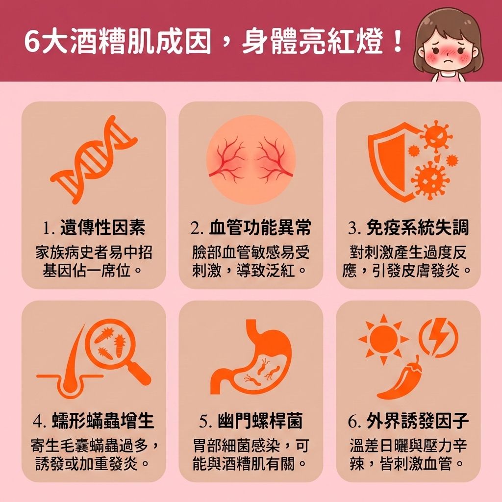 這是一張台灣健康部落格風格的醫美資訊圖表,介紹酒糟肌(又稱玫瑰痤瘡)的6大成因。圖中顯示,當臉部微血管異常或荷爾蒙失調時,容易出現微血管擴張與泛紅。若加上免疫系統失調或蠕形蟎蟲過多,會誘發玫瑰痤瘡並加重發炎反應,甚至出現丘疹與膿皰。這類敏感肌常伴隨乾癢,需及早護理以減輕痕癢不適並改善乾燥脫皮。
當角質層過薄或皮脂腺異常分泌油脂時,容易引發暗瘡。日常應溫和潔淨肌膚,避免過度清潔,以修復受損屏障並增強皮膚屏障。切記要遠離致敏原與避免刺激成分,切勿濫用類固醇或使用含刺激物的護膚品。
紫外線是最大元兇,務必做好防曬。正確護理能舒緩紅腫發炎、褪紅消炎鎮靜,並有助於調節水油平衡、控制油脂分泌、減少黑頭粉刺及預防暗瘡形成。同時要抑制蟎蟲增生,保護脆弱的皮膚屏障。若情況嚴重,應尋求皮膚科醫生協助。圖表最後推薦香港完美醫療的專業醫學美容項目,如激光褪紅療程與皇牌「暗瘡分手療程」,助您重拾健康平滑肌!